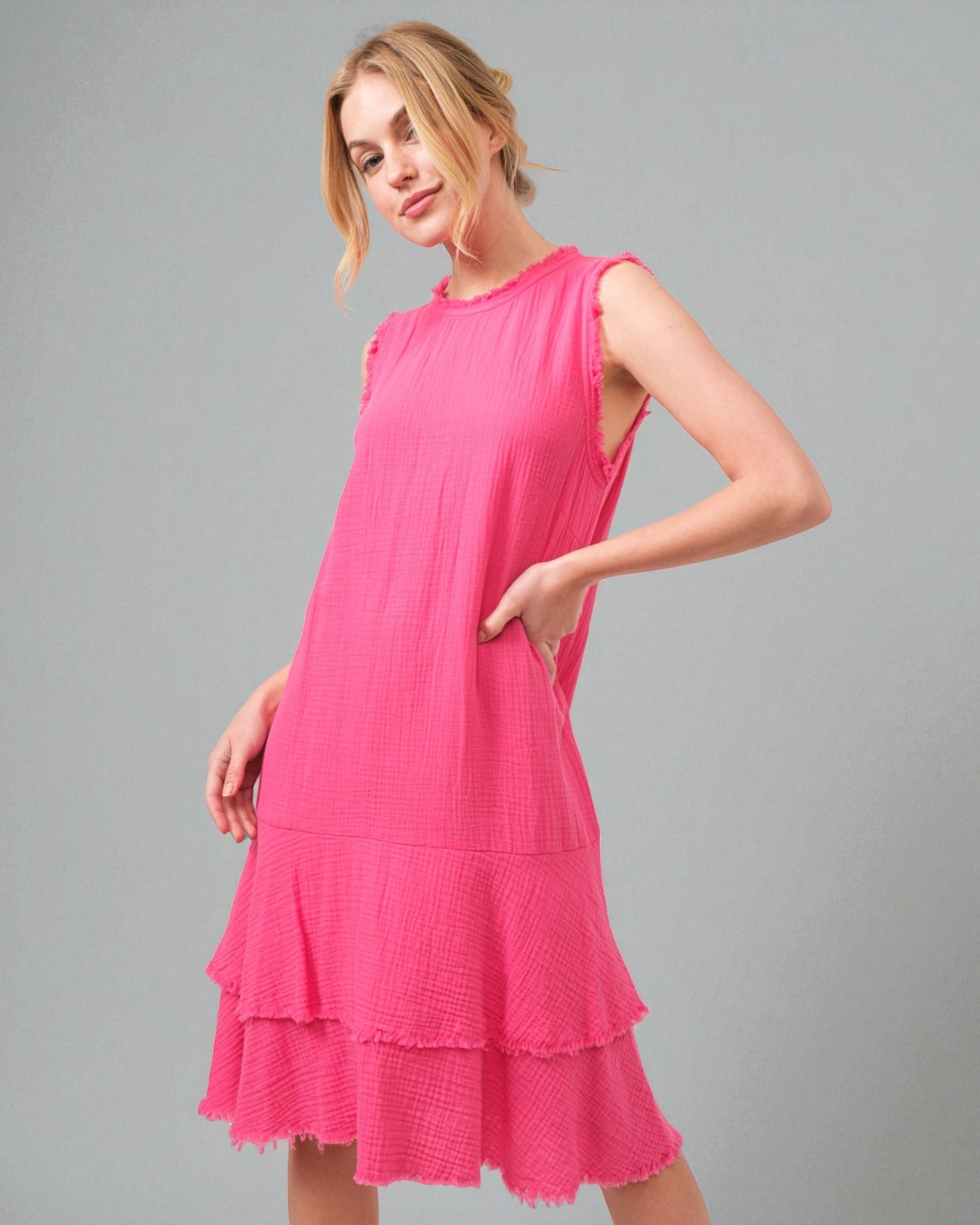 Robe midi à plusieurs niveaux en coton lavé à ourlet brut, fuchsia