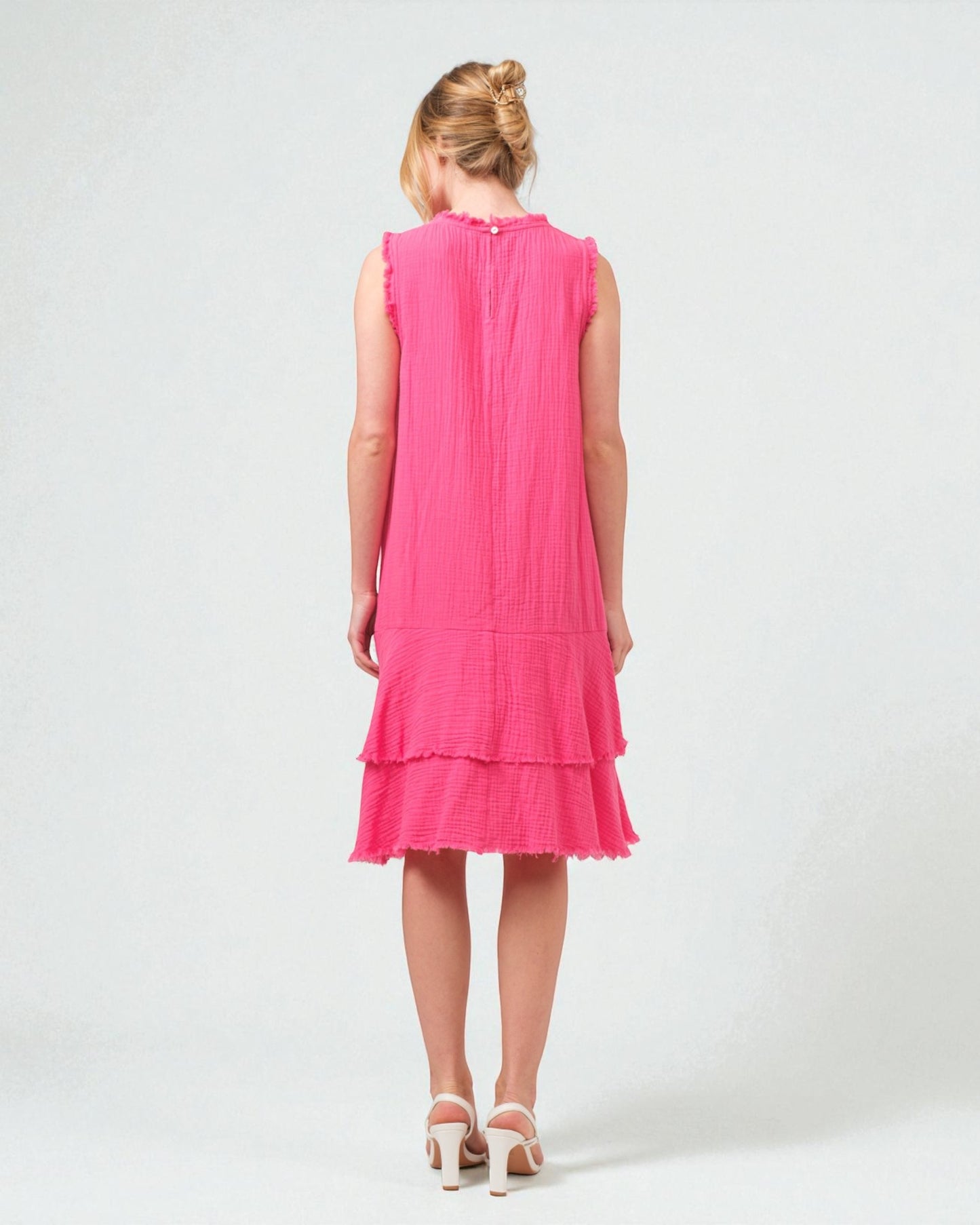Robe midi à plusieurs niveaux en coton lavé à ourlet brut, fuchsia