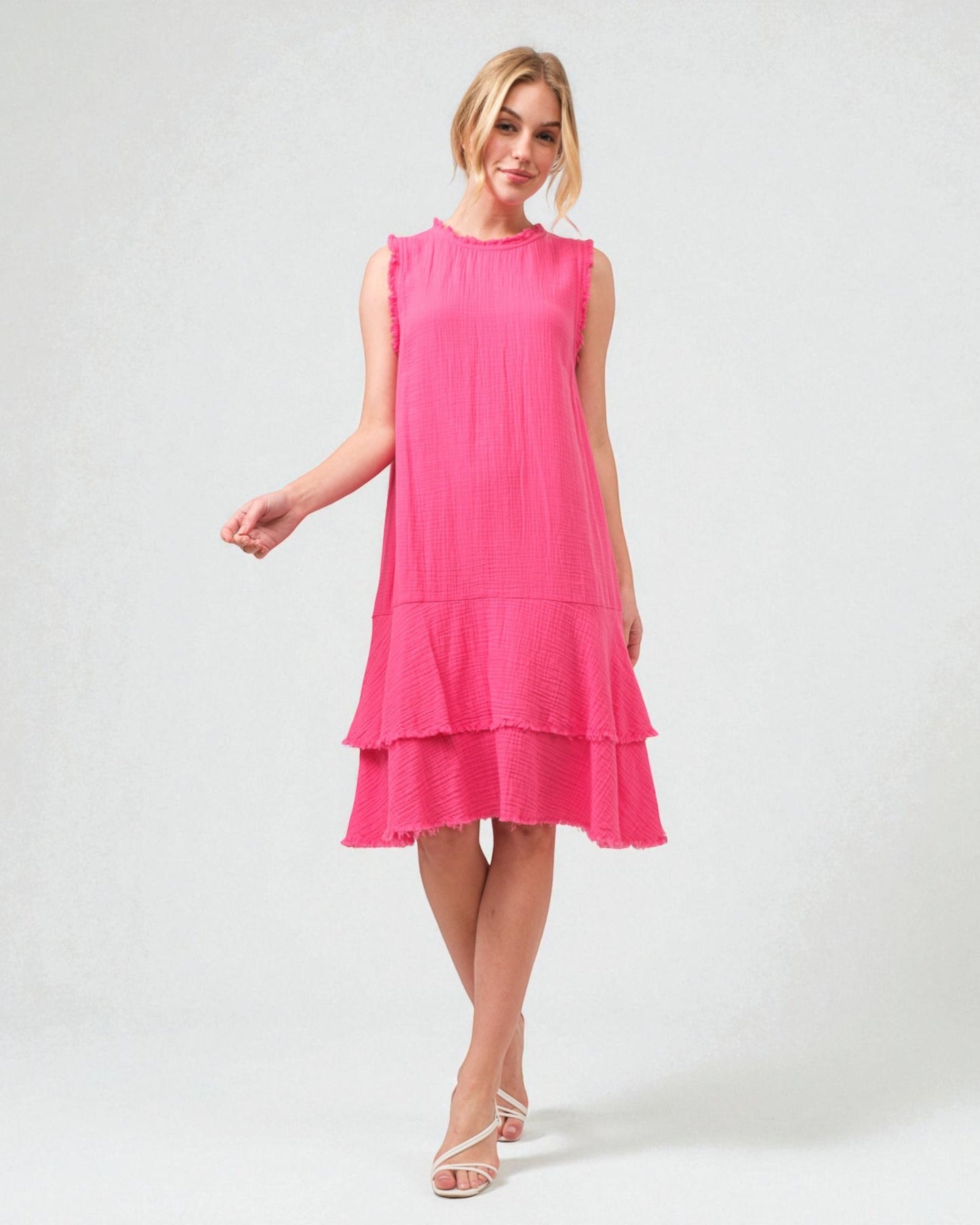 Robe midi à plusieurs niveaux en coton lavé à ourlet brut, fuchsia
