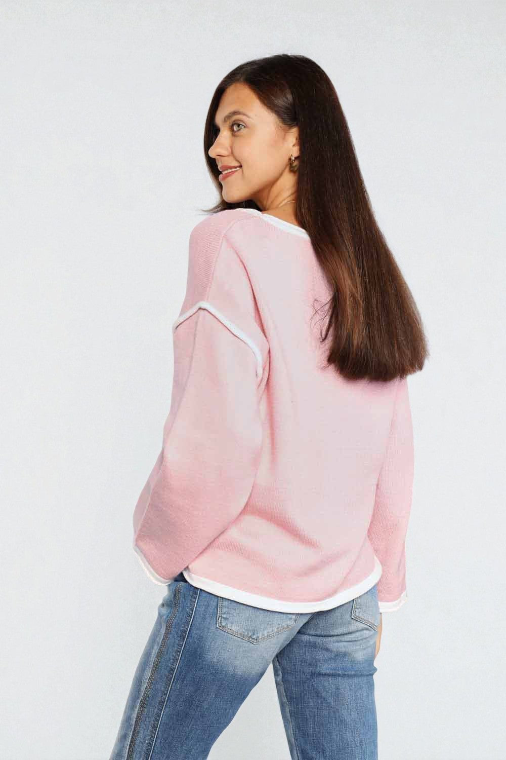 Haut en tricot à épaules tombantes et détails contrastés en rose blush