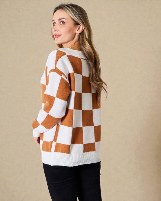 Ivory & Camel Checkered Button Front Cardigan