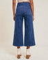 Person wearing blue wide-leg jeans on a plain background