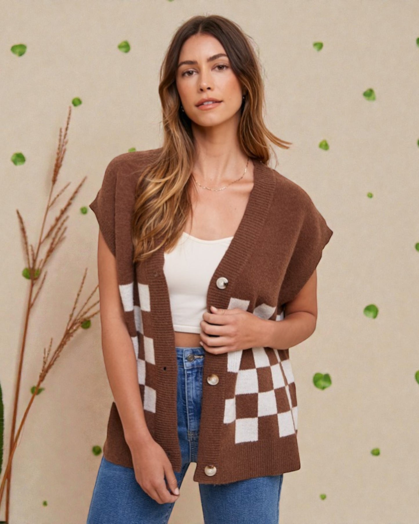 Dark Brown Checkered Short Sleeve Cardigan