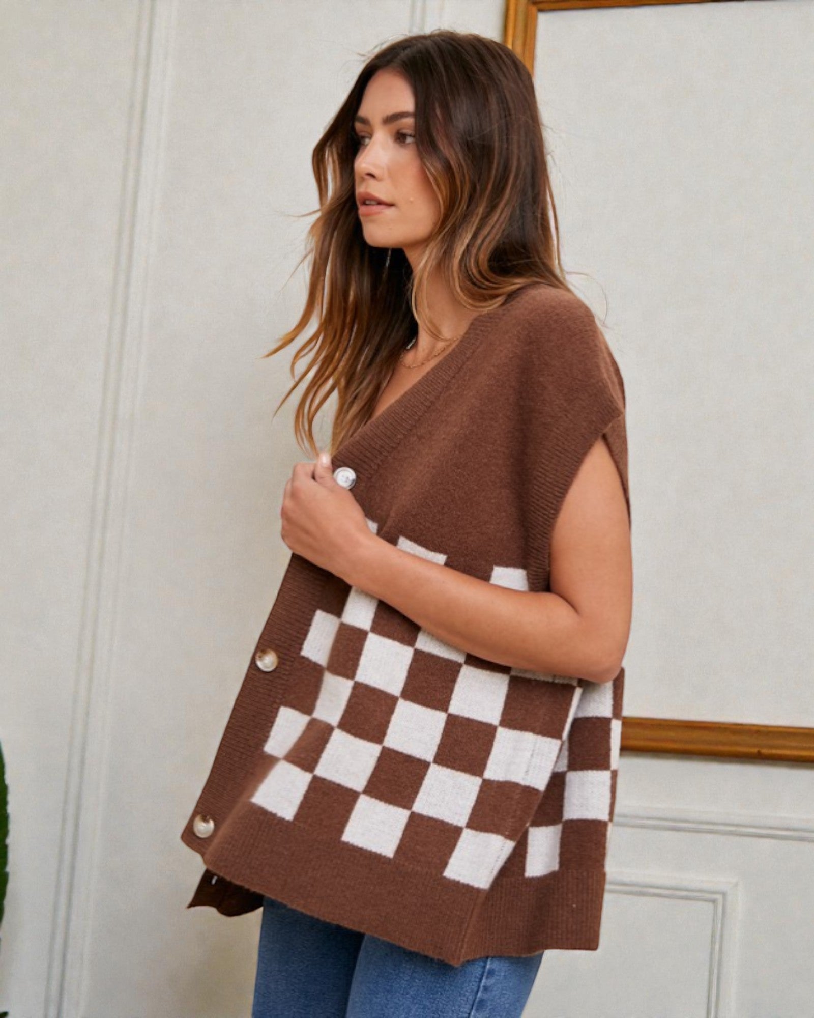 Dark Brown Checkered Short Sleeve Cardigan