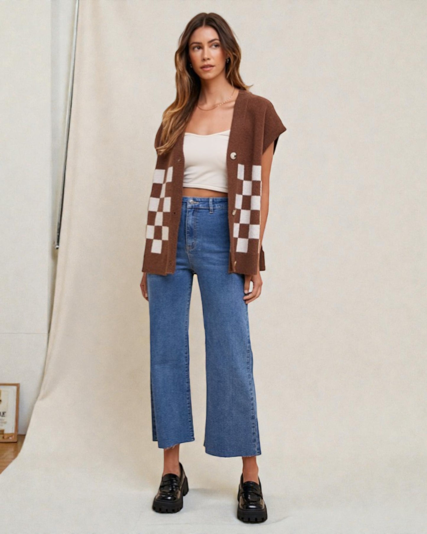 Dark Brown Checkered Short Sleeve Cardigan