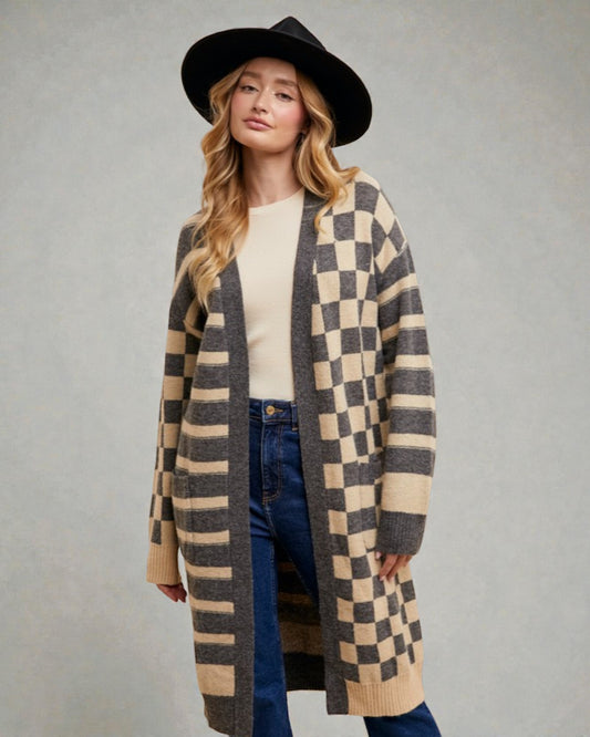 Dark Gray Checkered & Striped Open Front Cardigan