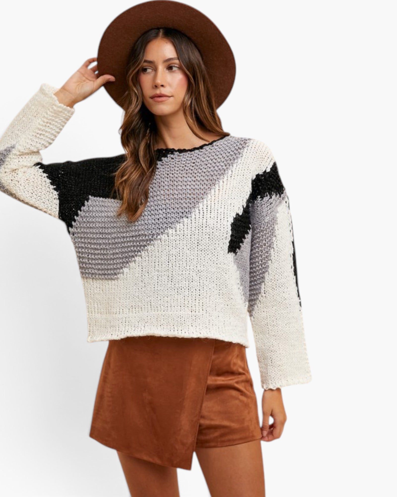 Black Color-Block Mixed-Knit Sweater