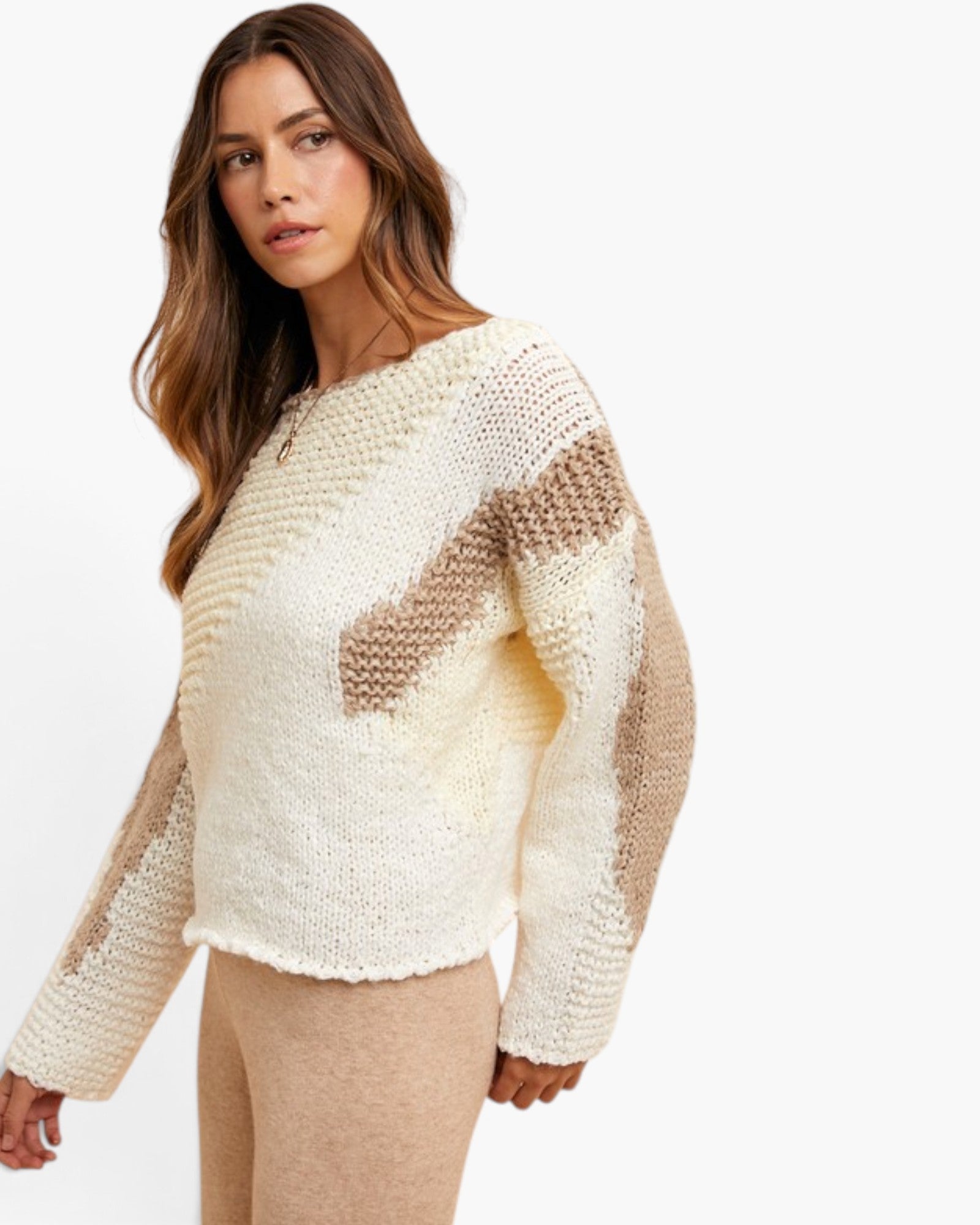 Taupe Color-Block Mixed-Knit Sweater