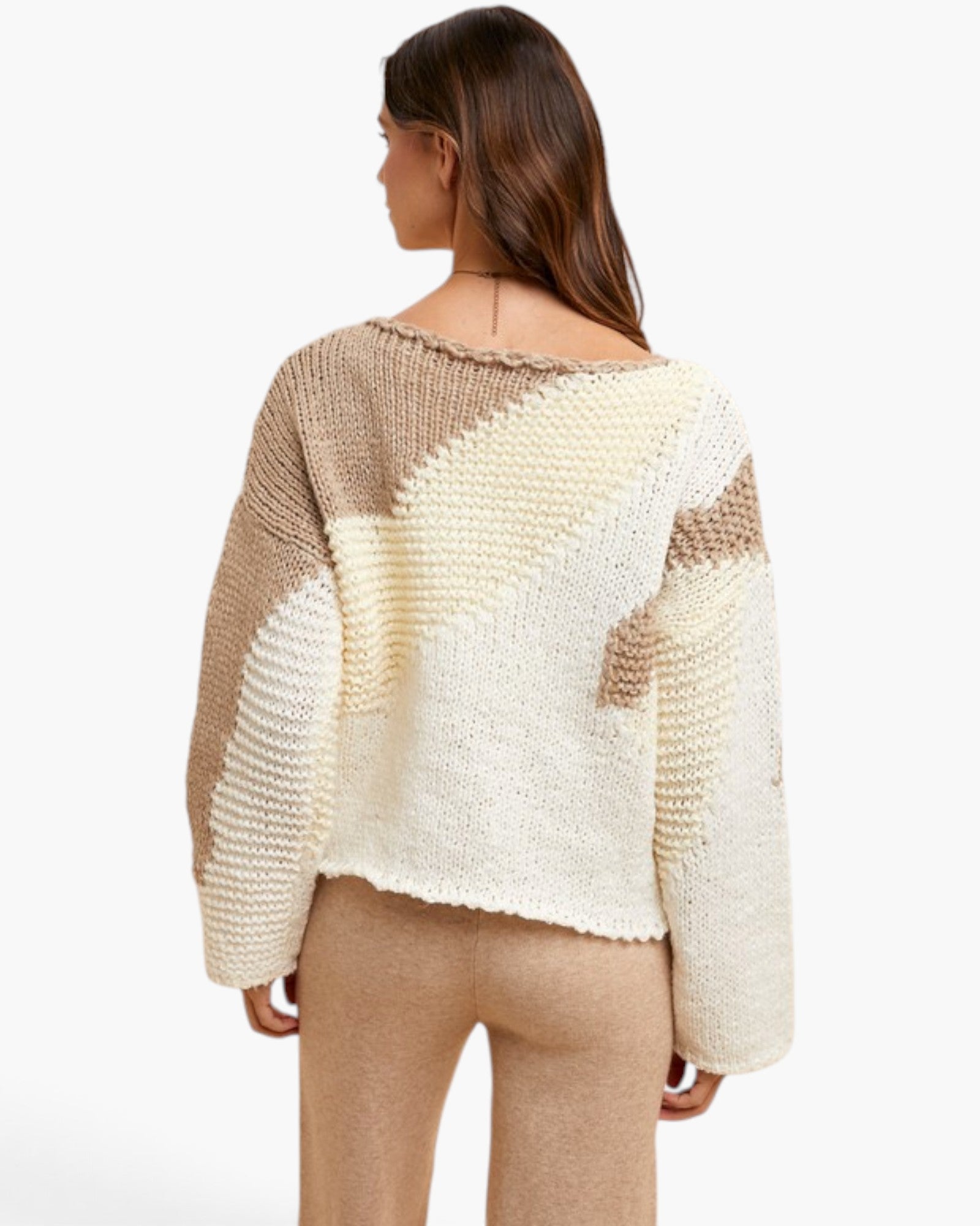 Taupe Color-Block Mixed-Knit Sweater