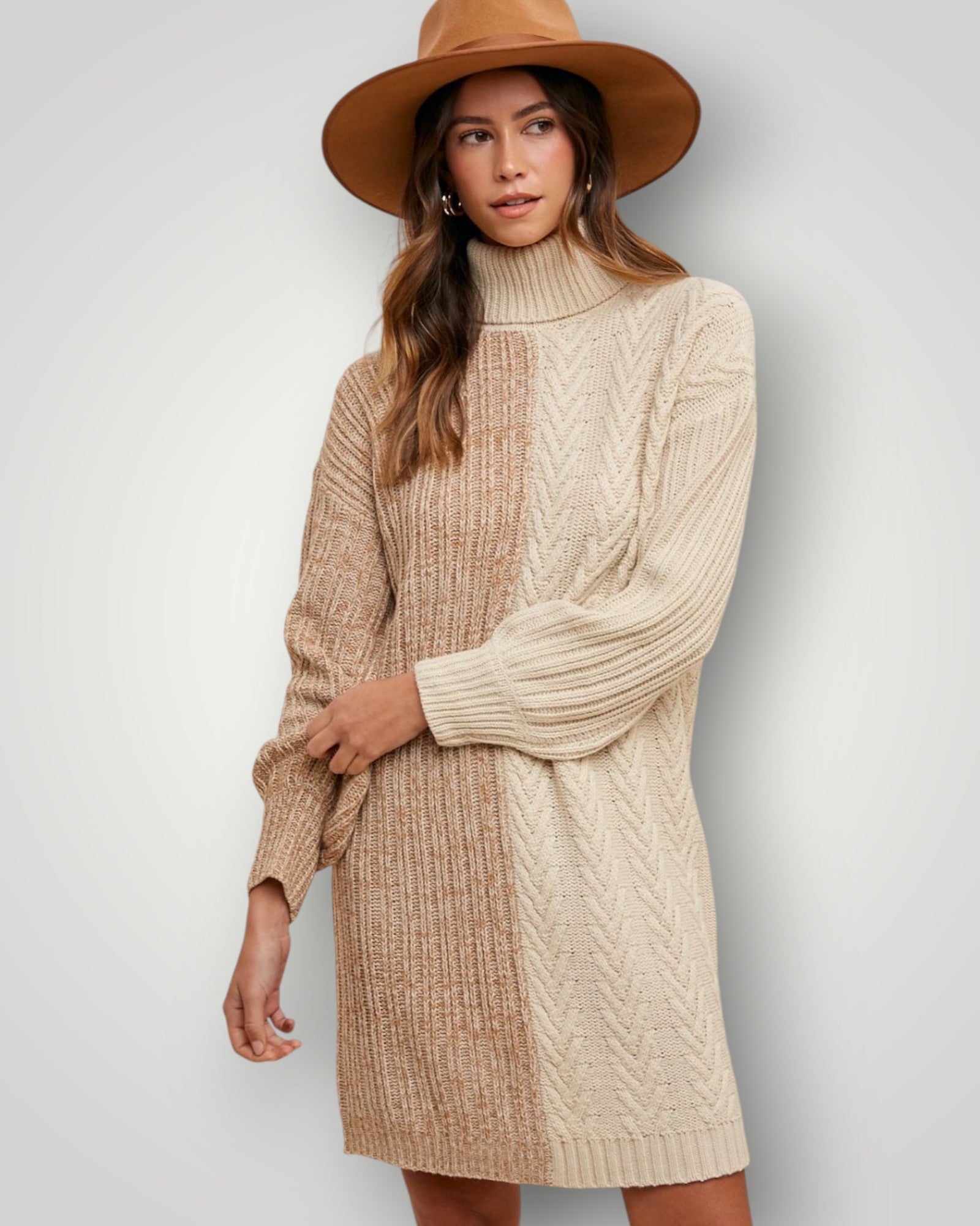 Cream & Tan Two-Tone Turtleneck Sweater Mini Dress