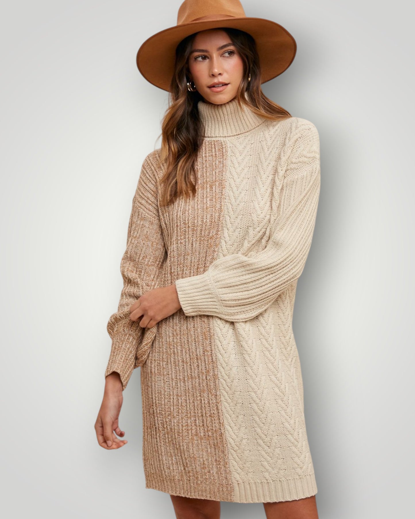 Cream & Tan Two-Tone Turtleneck Sweater Mini Dress