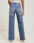 Person wearing blue wide-leg jeans on a plain background