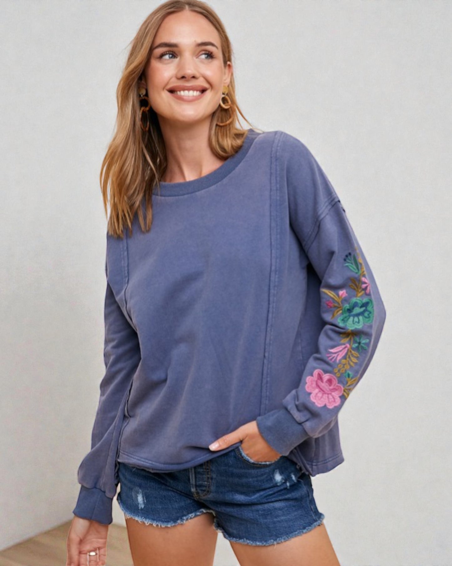 Washed Denim Blue Floral Embroidered Sweatshirt