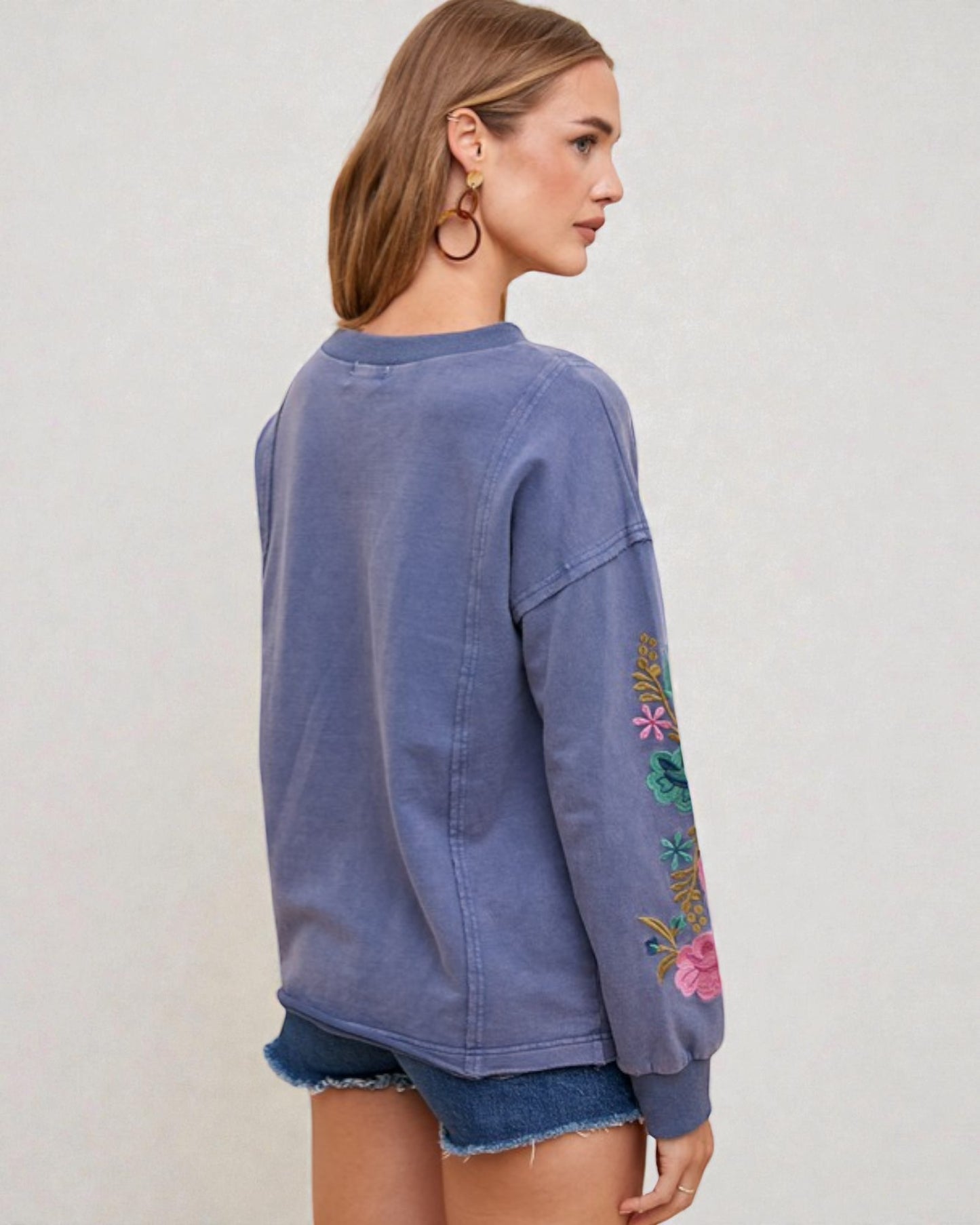 Washed Denim Blue Floral Embroidered Sweatshirt