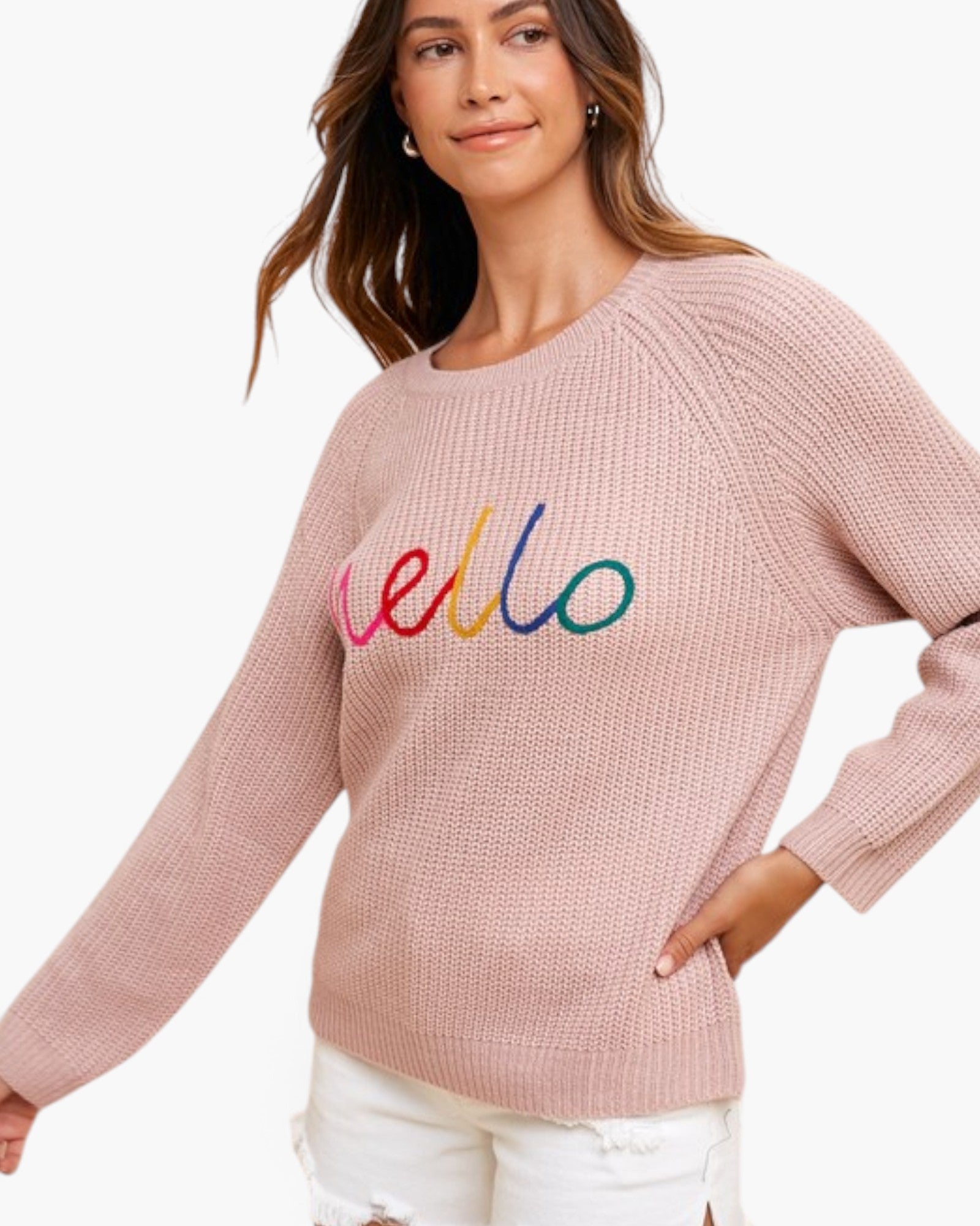 Mauve “Hello” Graphic Knit Sweater