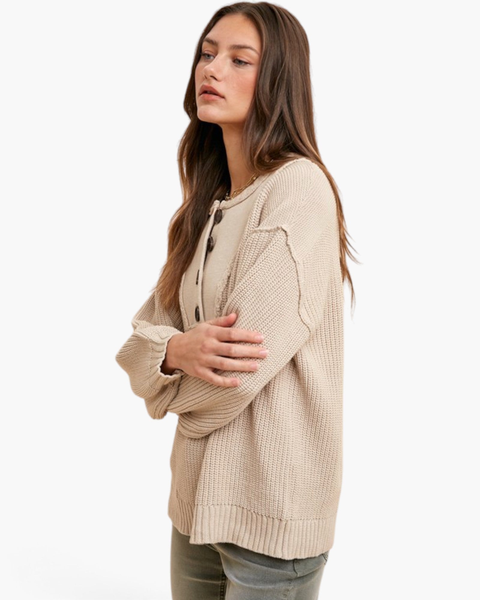 Oatmeal Button-Placket Knit Sweater