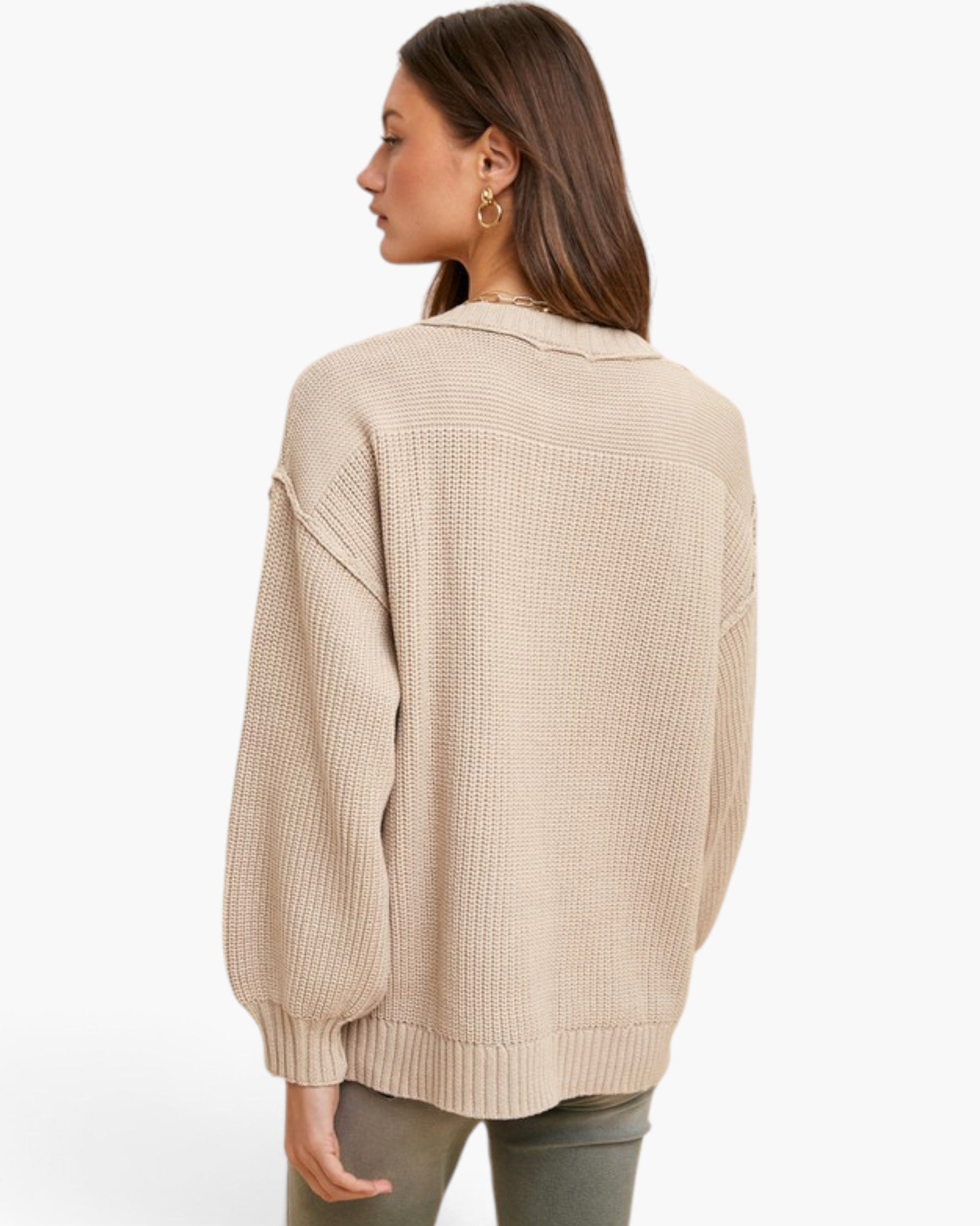 Oatmeal Button-Placket Knit Sweater