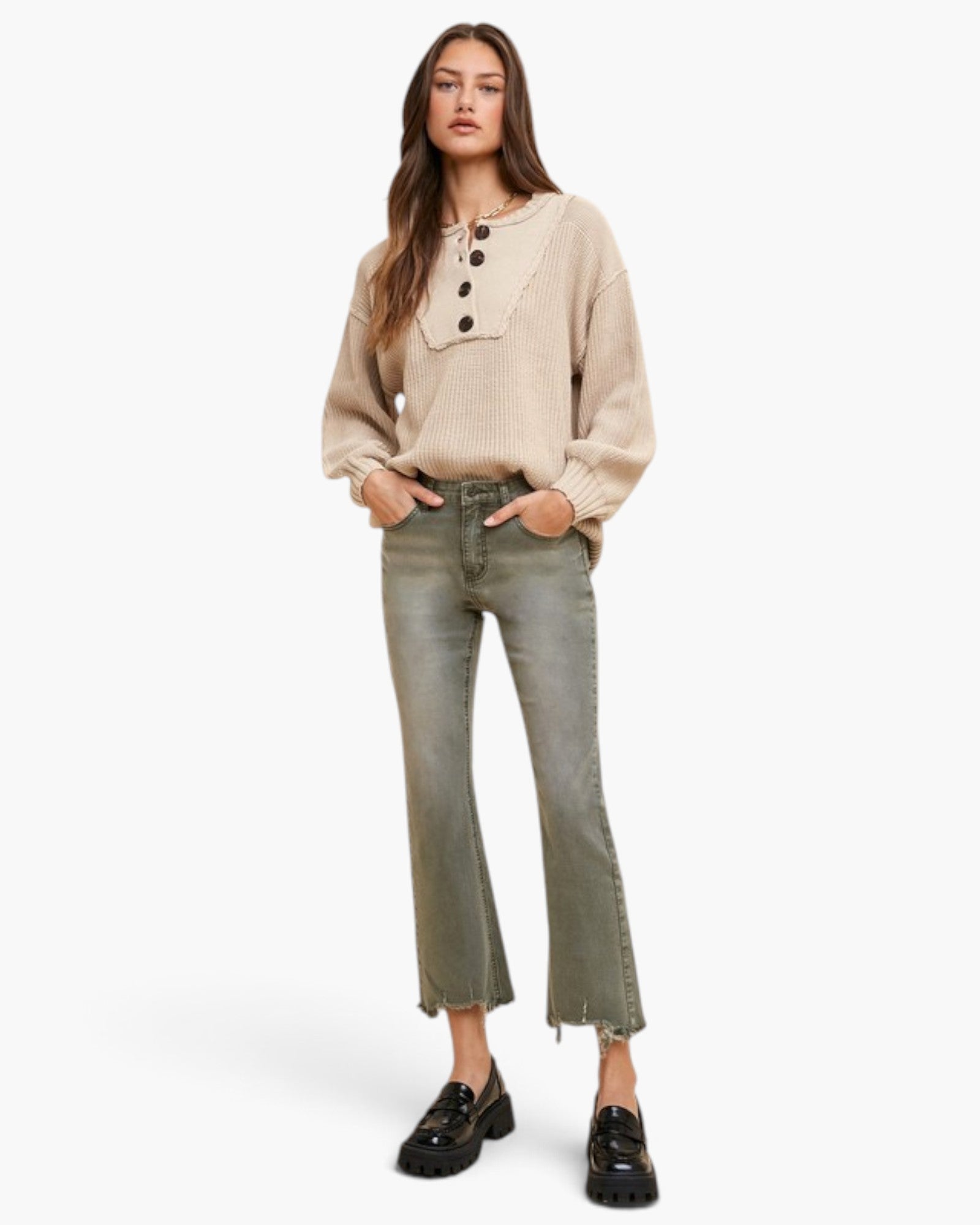 Oatmeal Button-Placket Knit Sweater