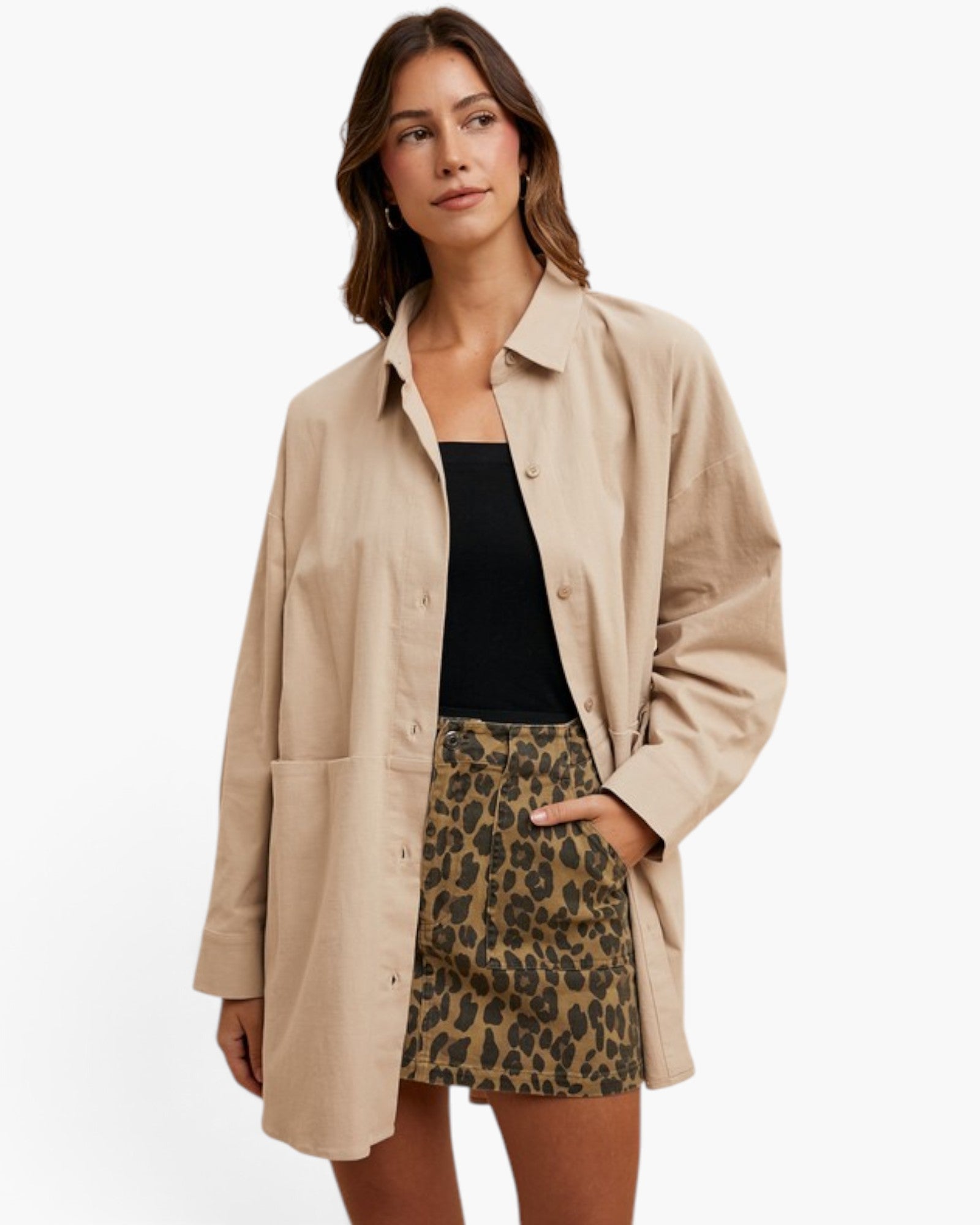 Camel Leopard Print Denim Mini Skirt
