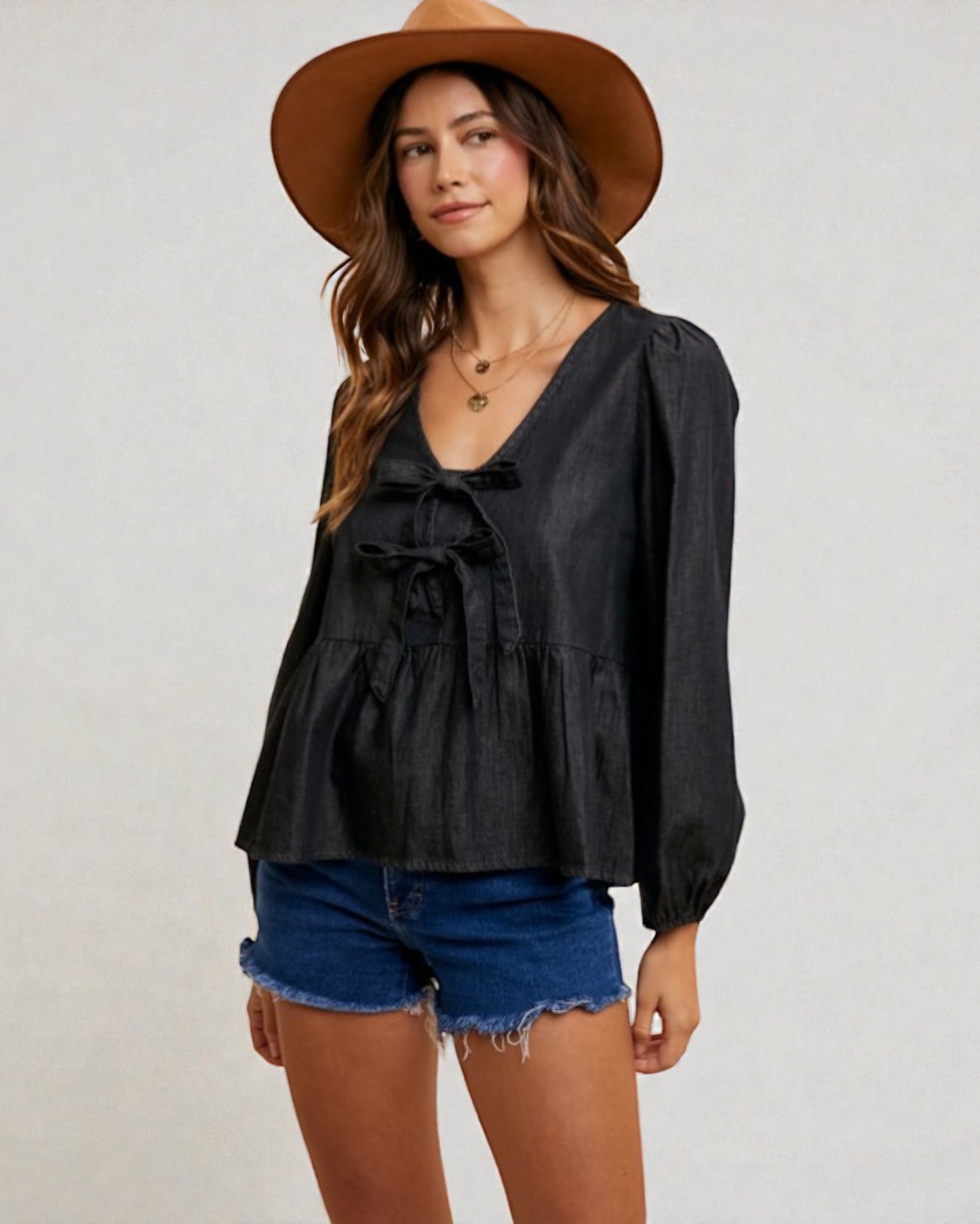 Black Denim Tie Front Peplum Top
