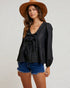 Black Denim Tie Front Peplum Top