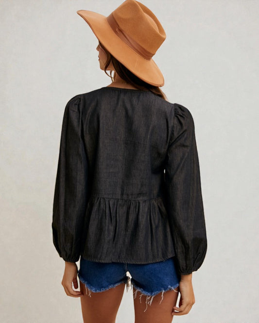 Black Denim Tie Front Peplum Top