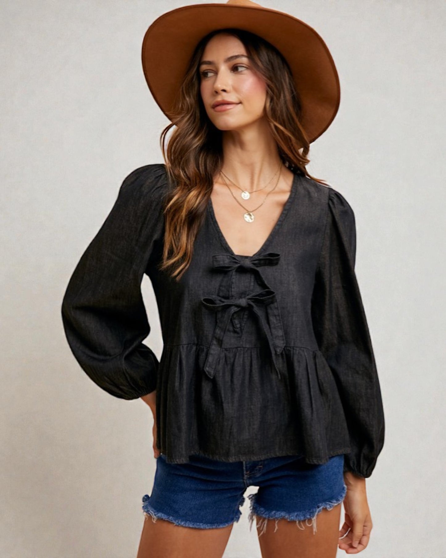Black Denim Tie Front Peplum Top