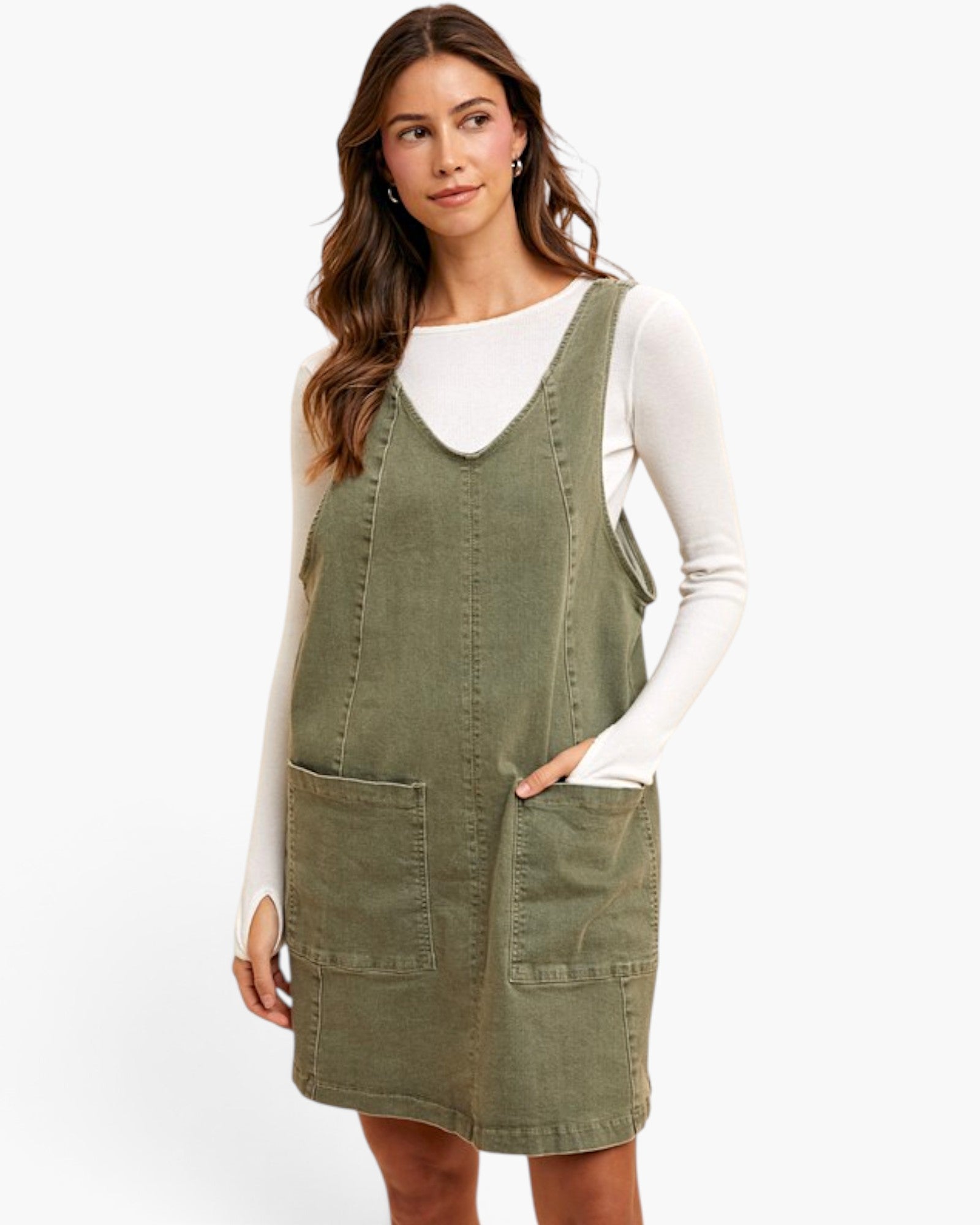 Army Green Denim Pocket Overall Dress