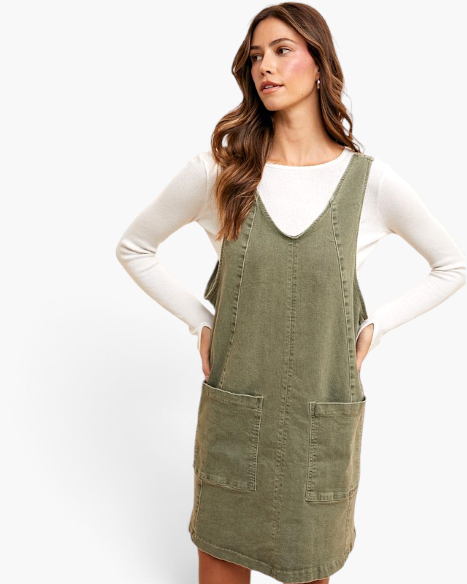 Army Green Denim Pocket Overall Dress