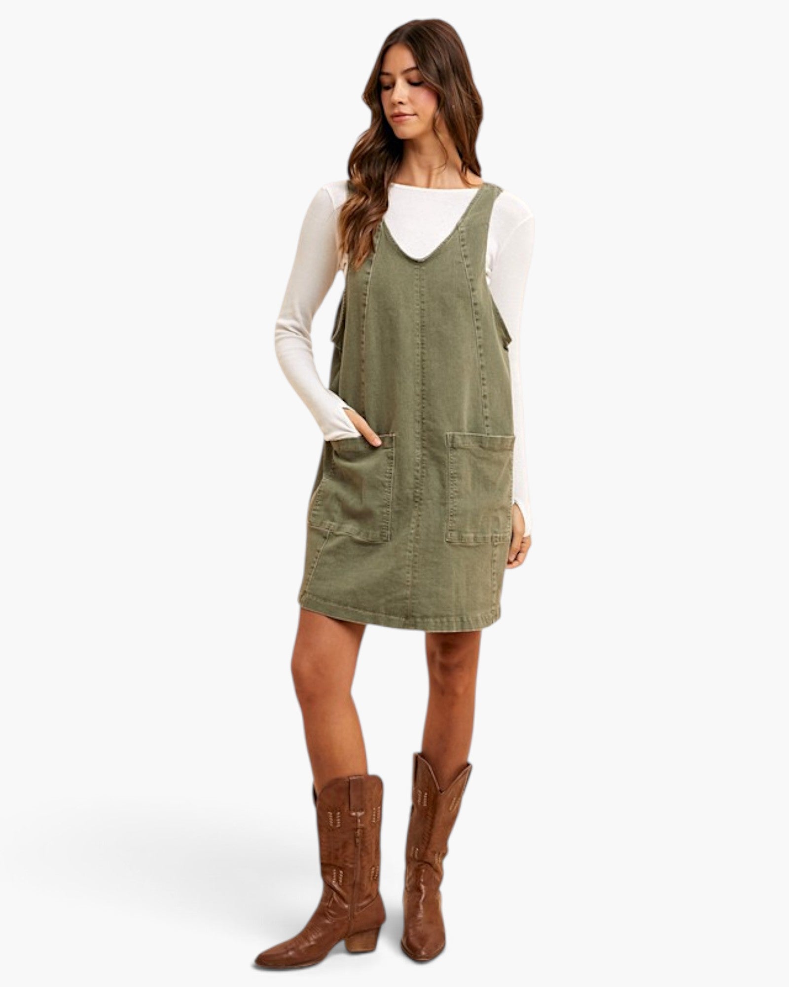 Army Green Denim Pocket Overall Dress