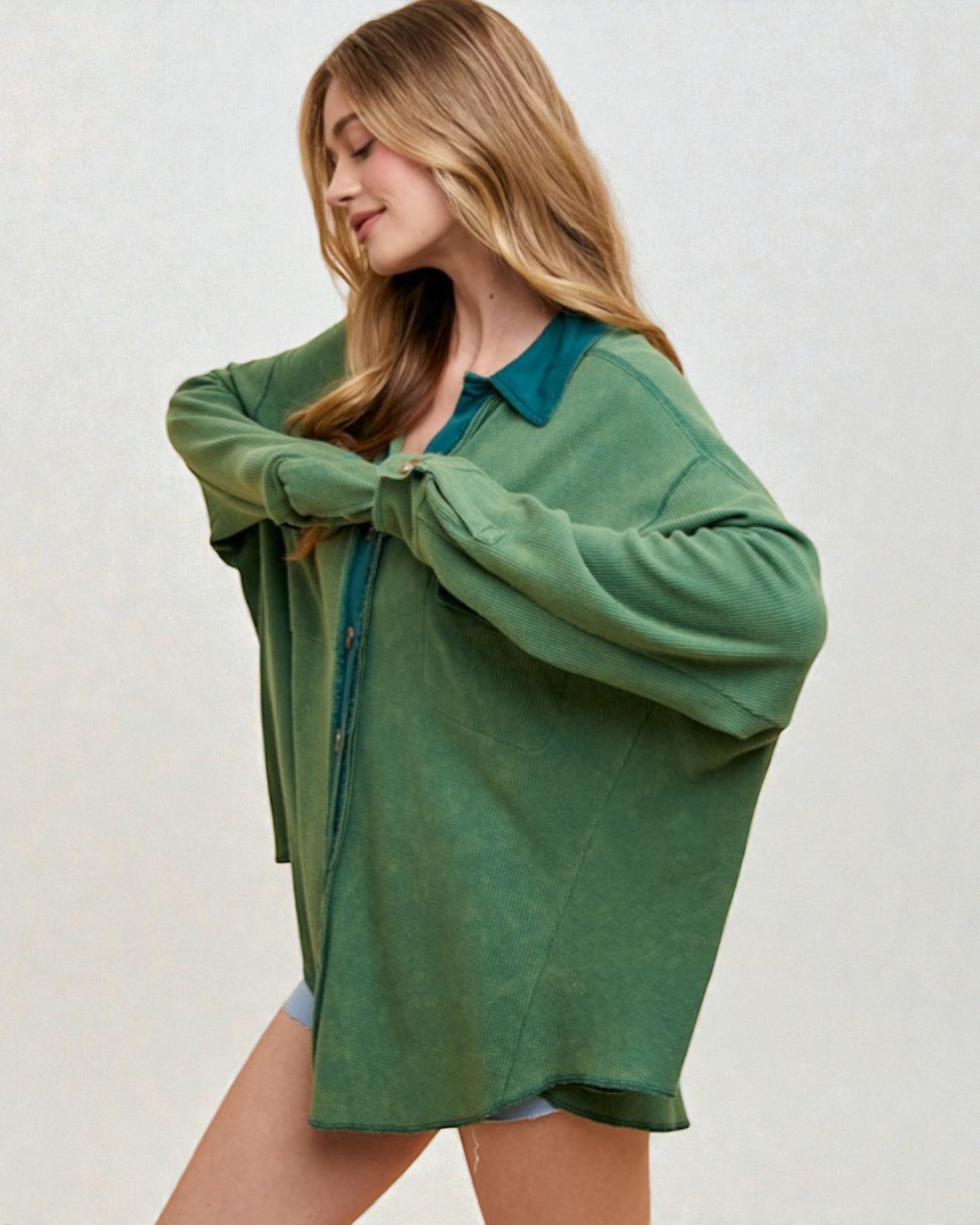Dark Green Waffle Knit Mineral Washed Shirt