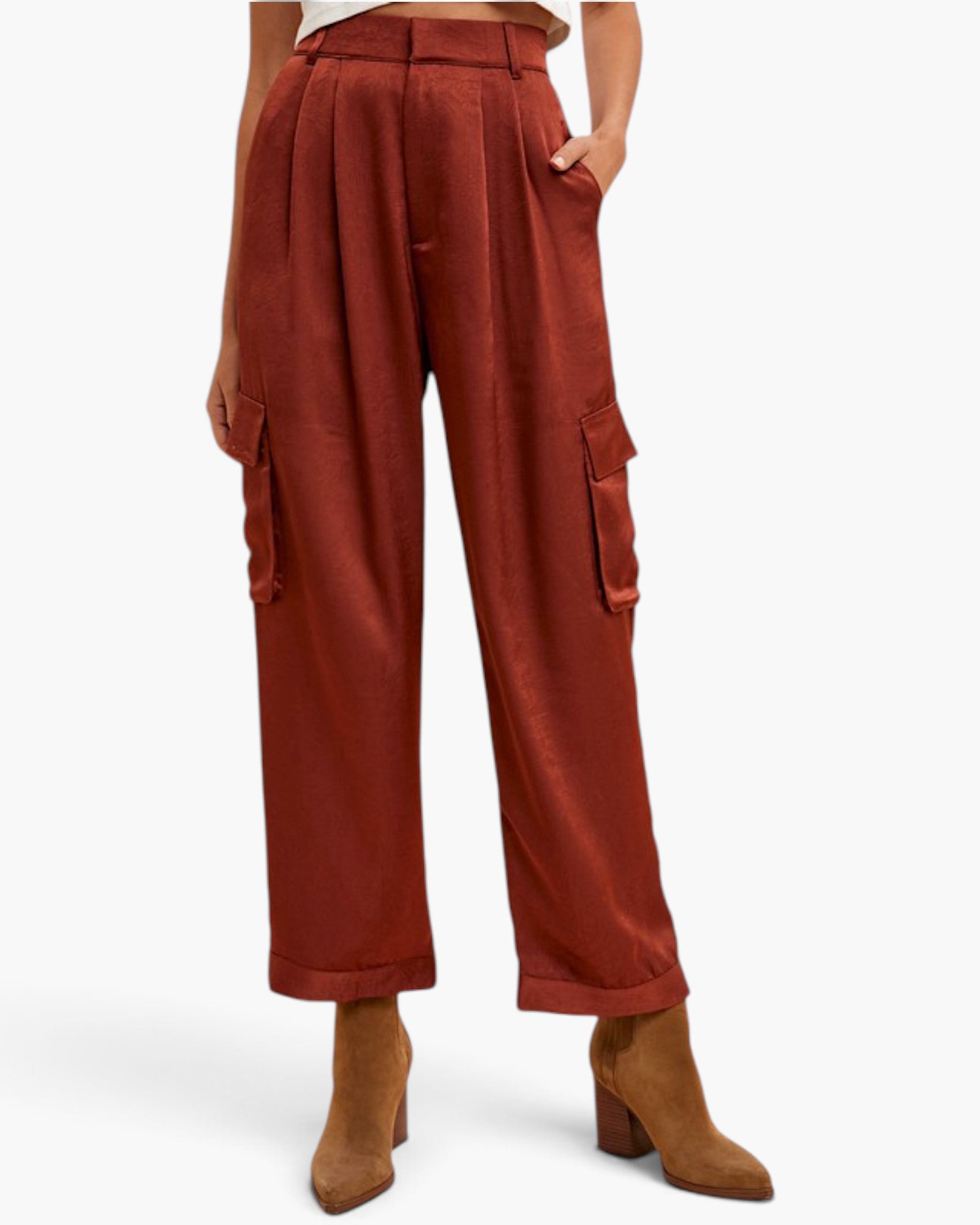 Burgundy Satin Wide-Leg Cargo Pants