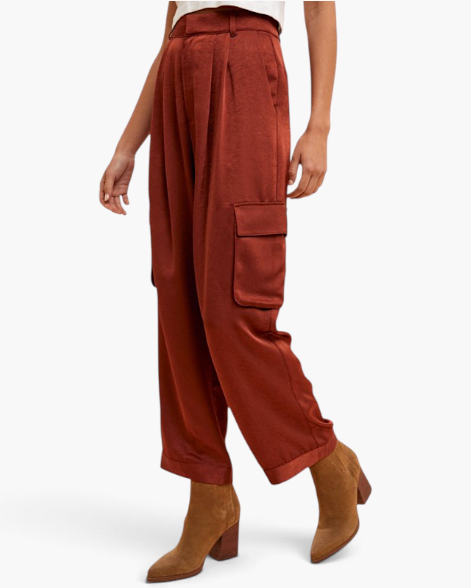 Burgundy Satin Wide-Leg Cargo Pants