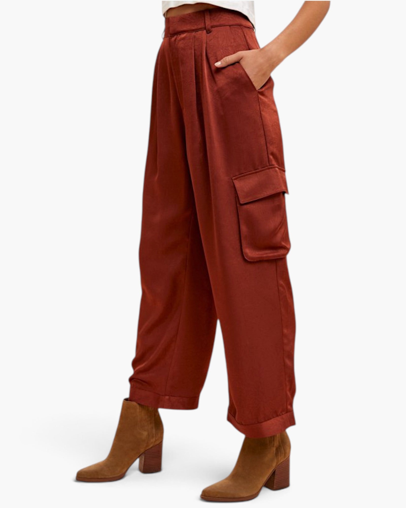 Burgundy Satin Wide-Leg Cargo Pants
