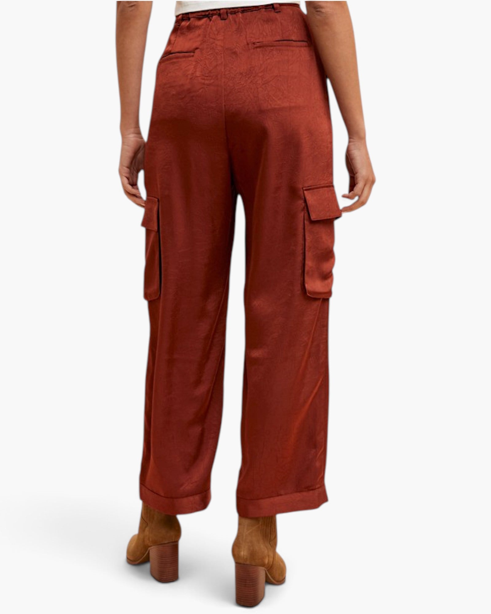 Burgundy Satin Wide-Leg Cargo Pants