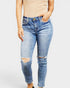 Person wearing light blue ripped jeans on a white background