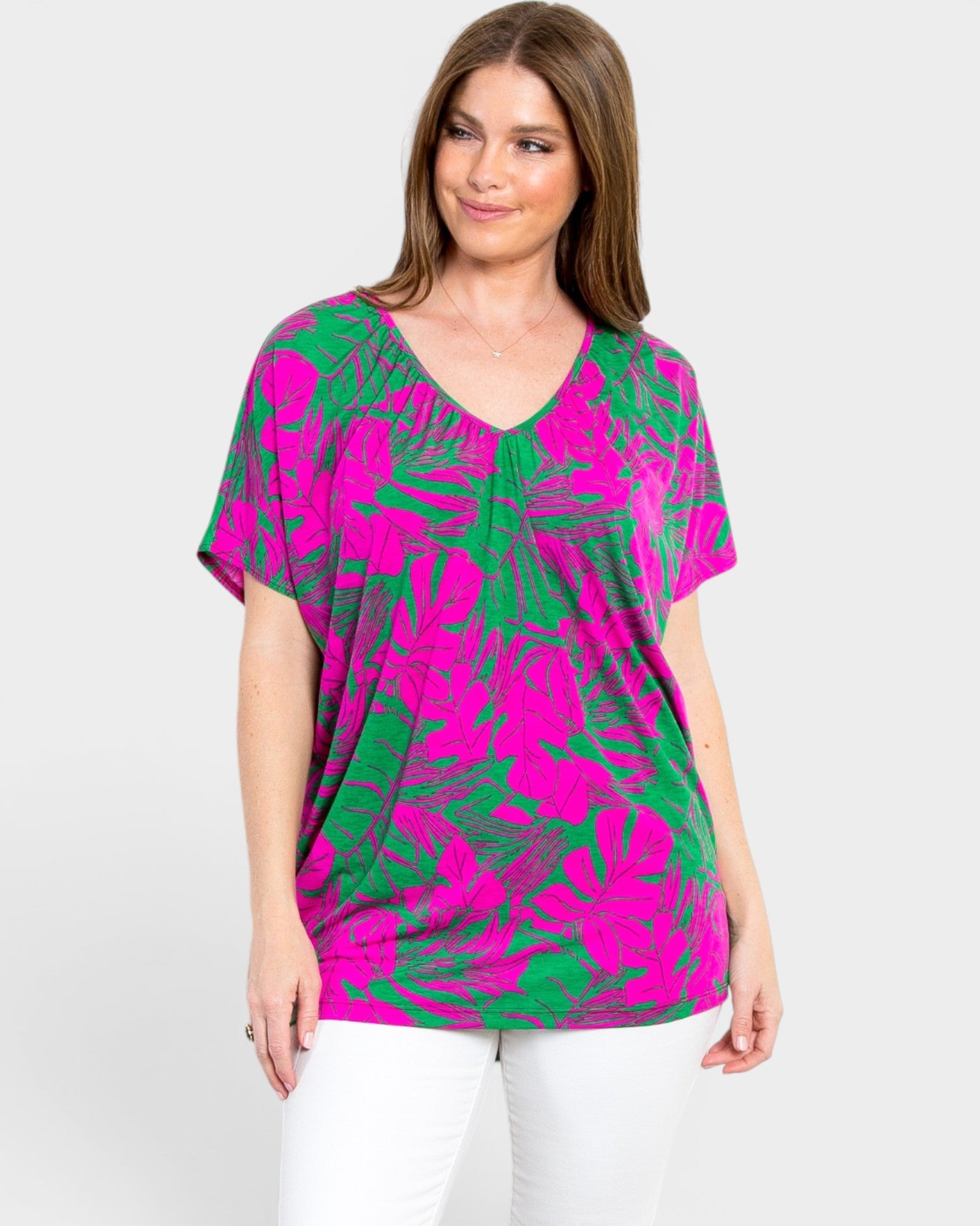 Magenta Tropical Leaf V-Neck Top