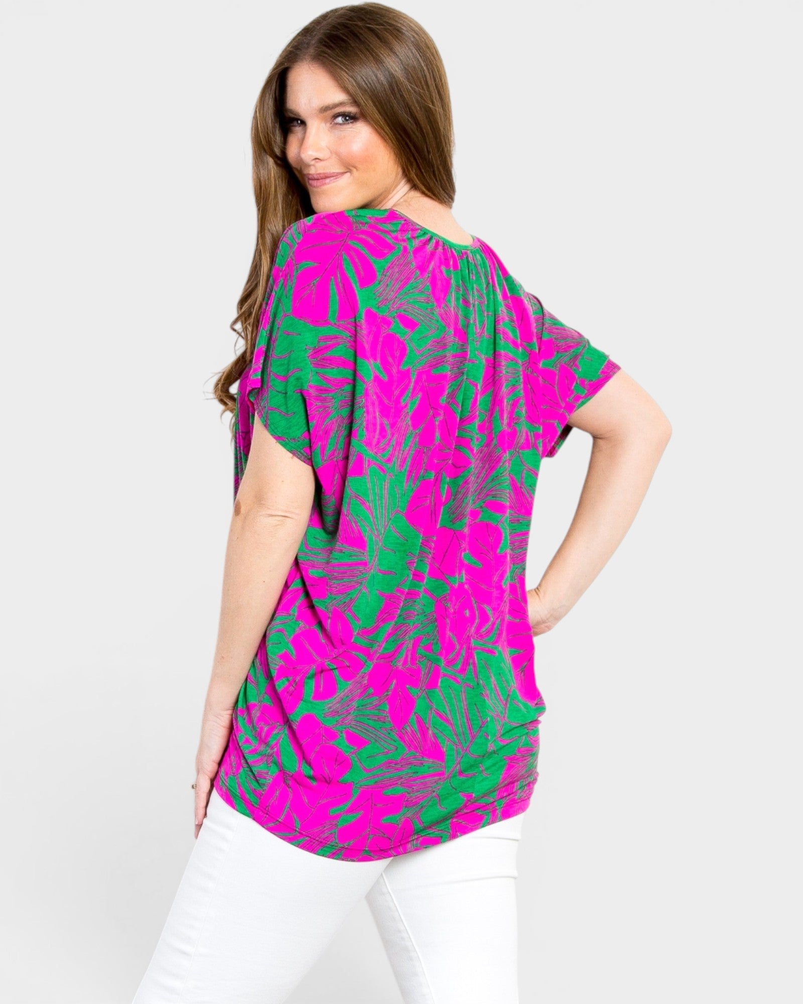 Magenta Tropical Leaf V-Neck Top