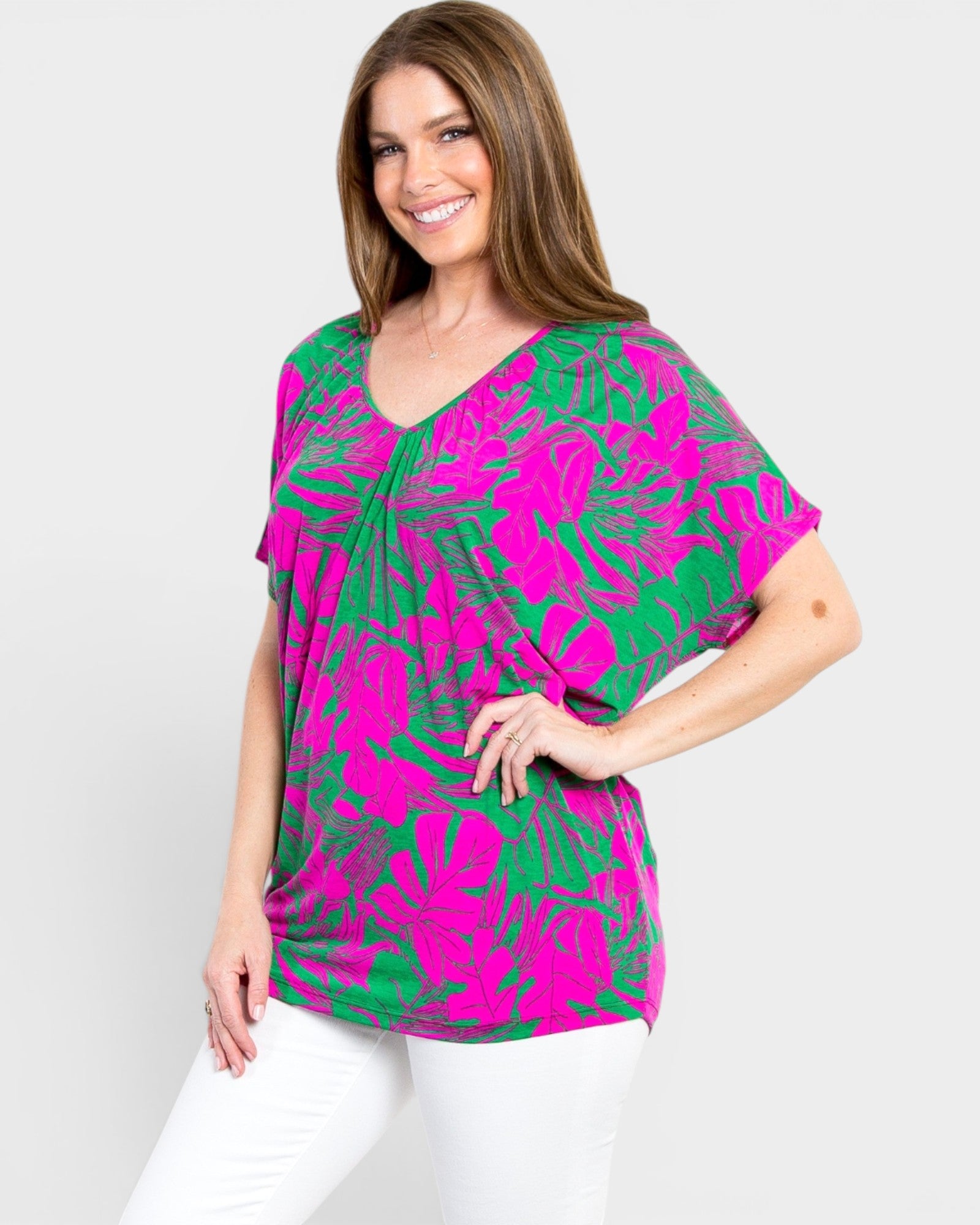 Magenta Tropical Leaf V-Neck Top