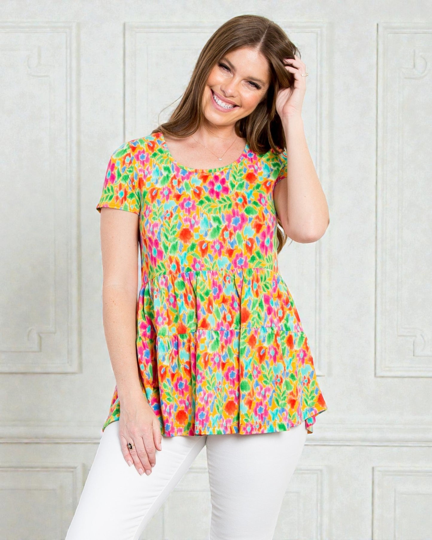 Coral & Aqua Watercolor Floral Babydoll Top