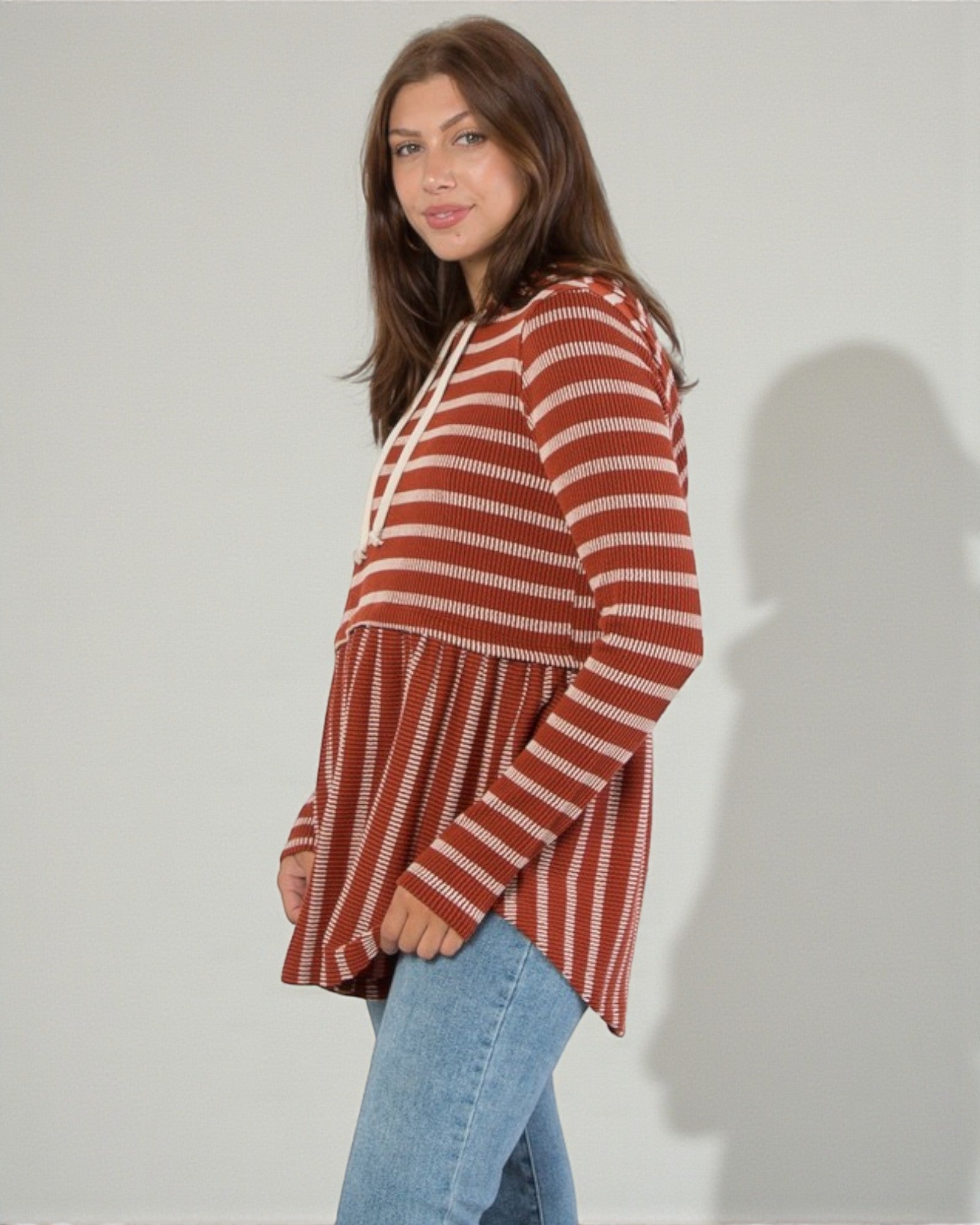 Rust Stripe Hooded Peplum Top