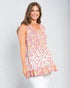 Woman wearing a floral sleeveless dress on a plain background