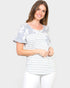 Gray Floral Stripe Ruffle Sleeve Top