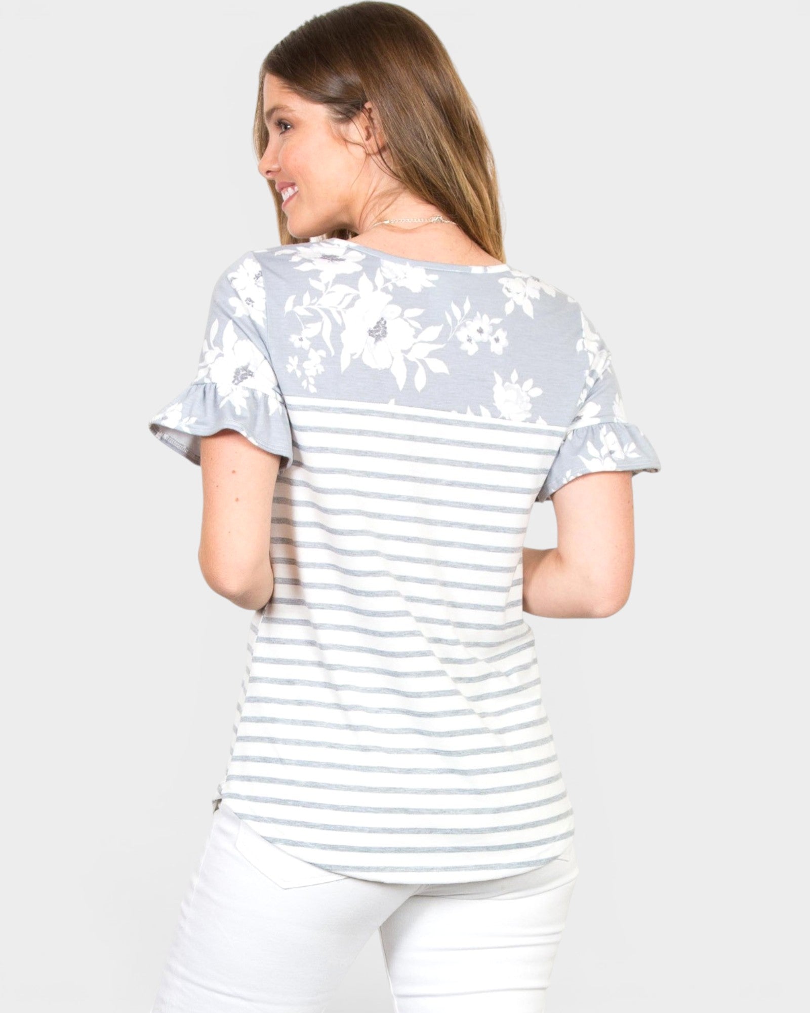 Gray Floral Stripe Ruffle Sleeve Top