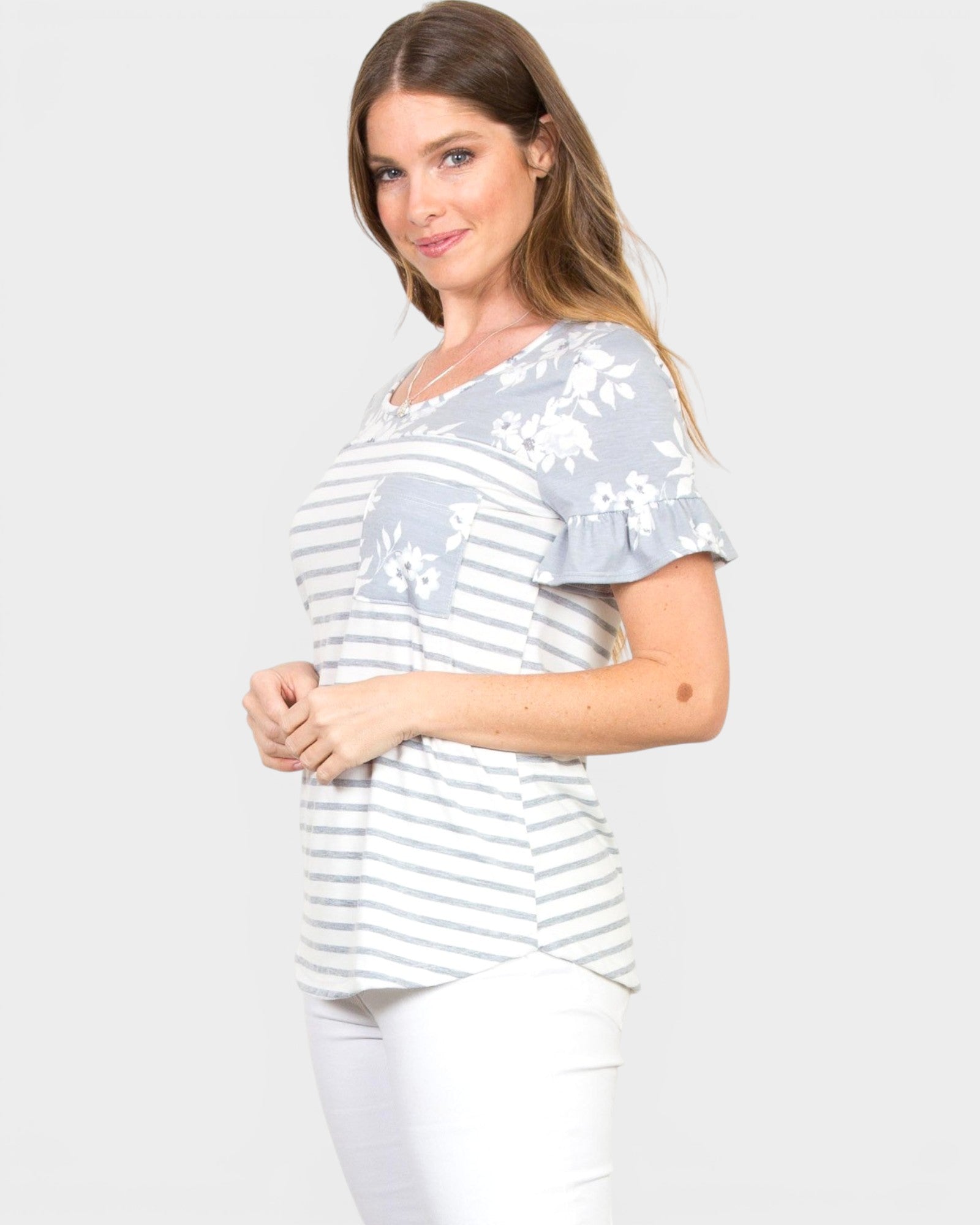 Gray Floral Stripe Ruffle Sleeve Top