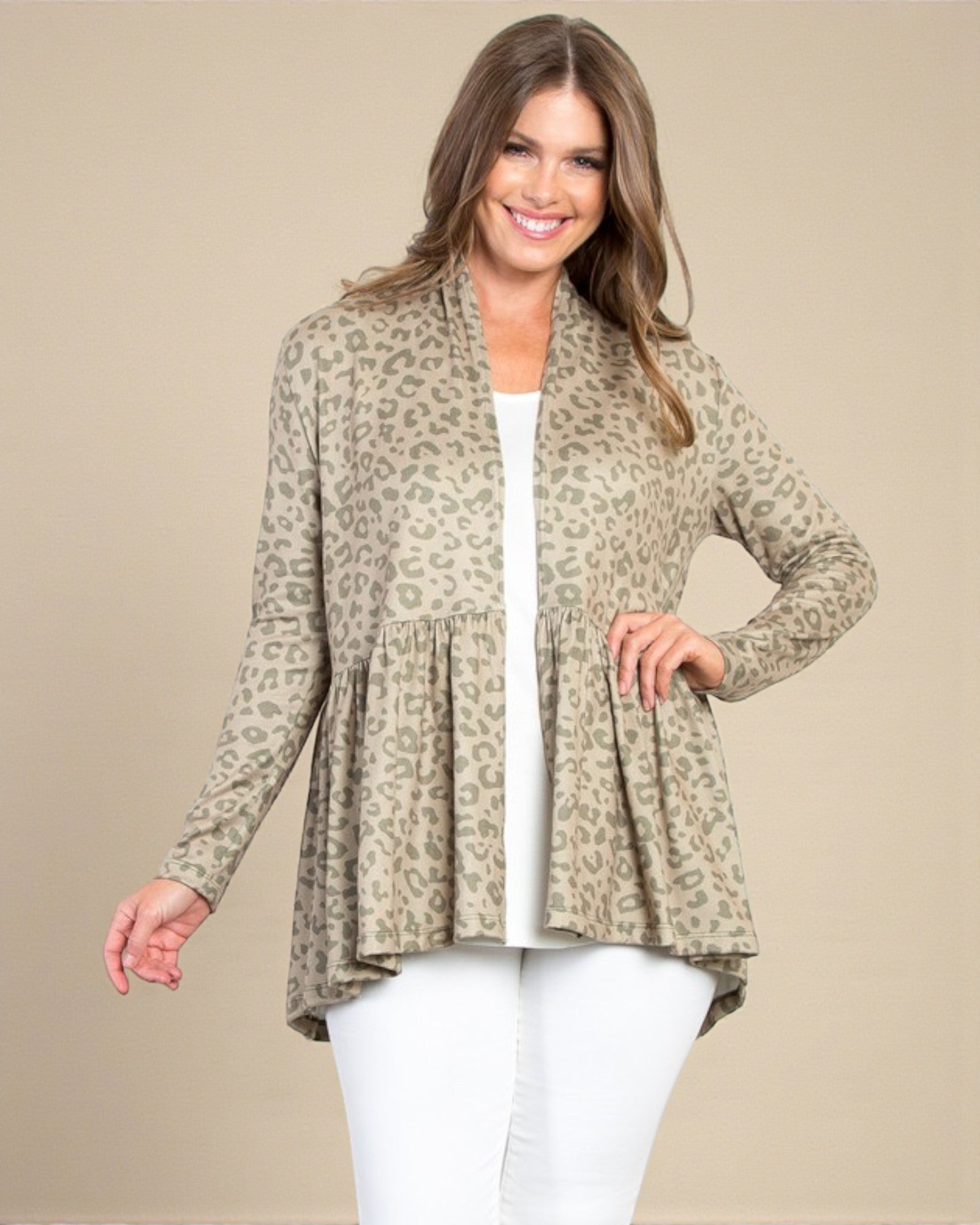 Soft Taupe Leopard Peplum Cardigan