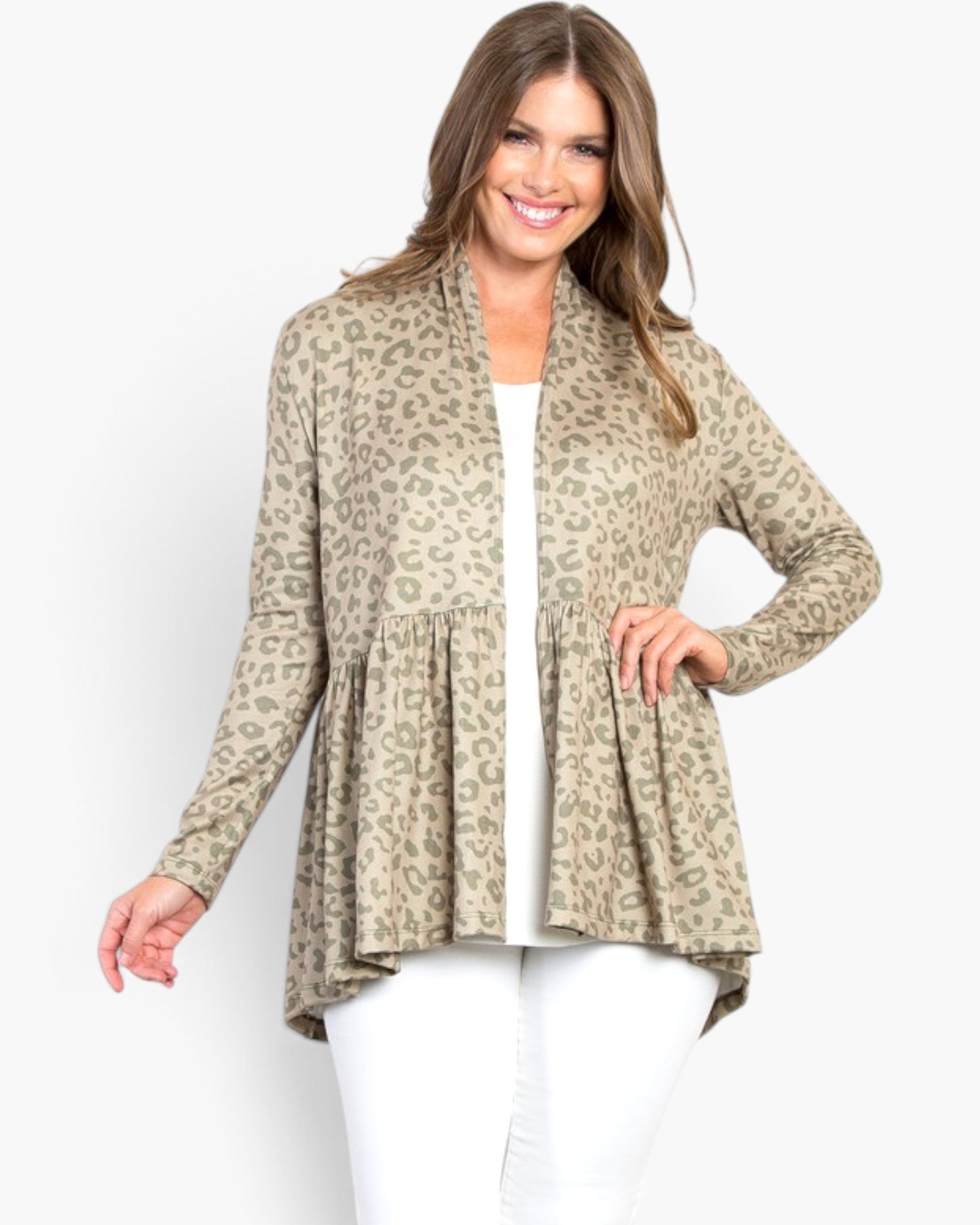 A woman modeling a beige and brown leopard-print cardigan with a peplum waist over a white top and white pants, set against a plain white studio background.