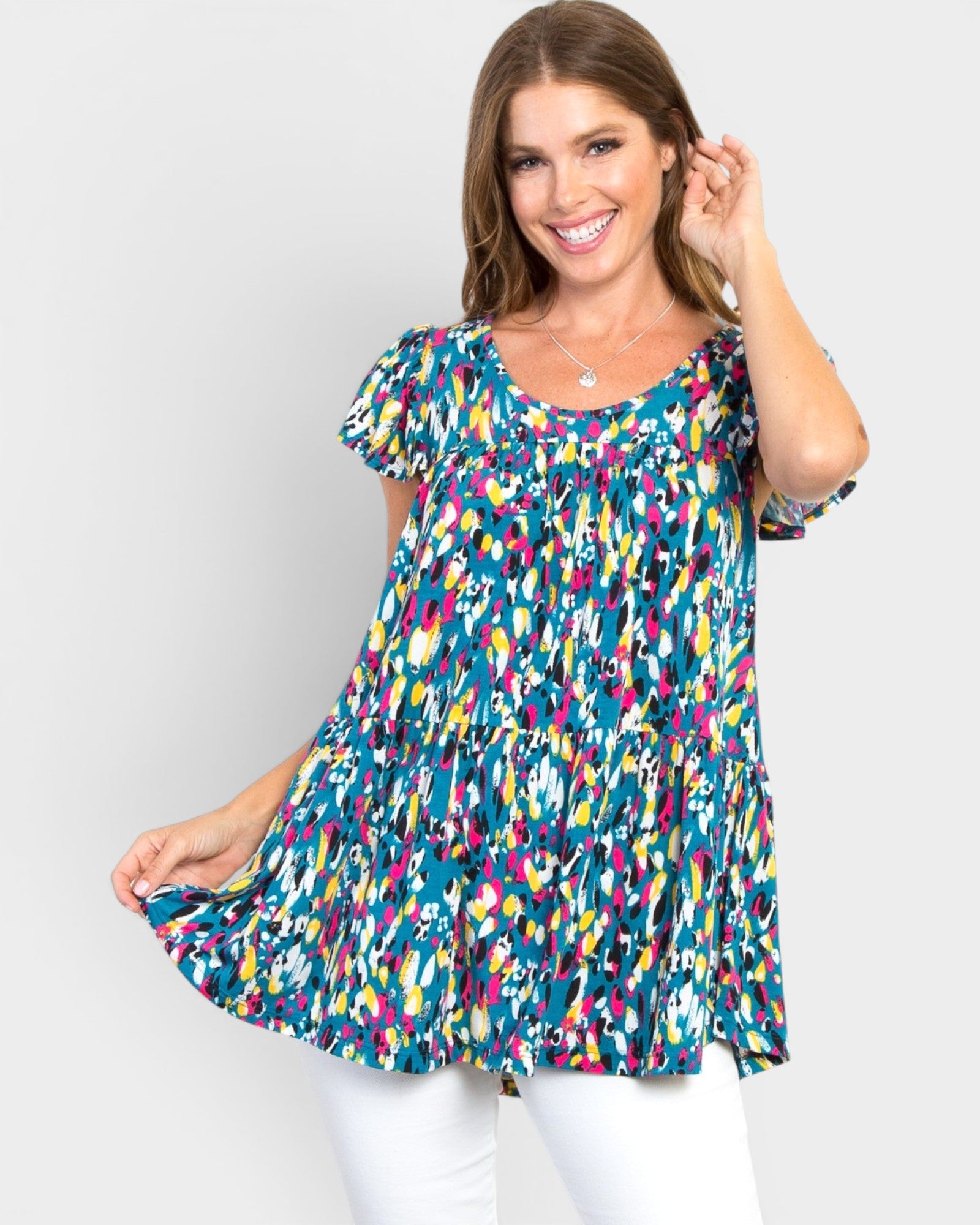 Teal Abstract Print Tiered Babydoll Top
