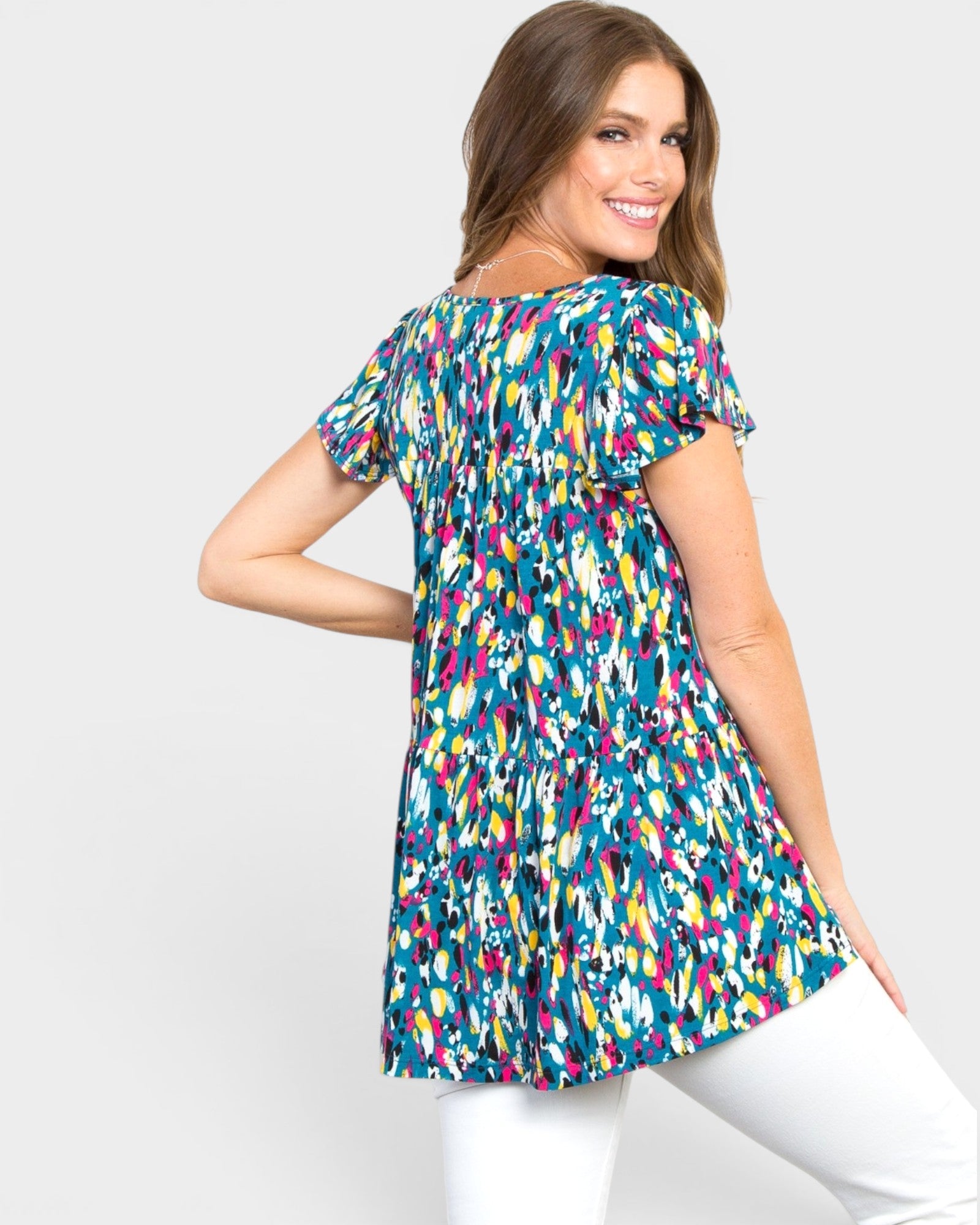 Teal Abstract Print Tiered Babydoll Top