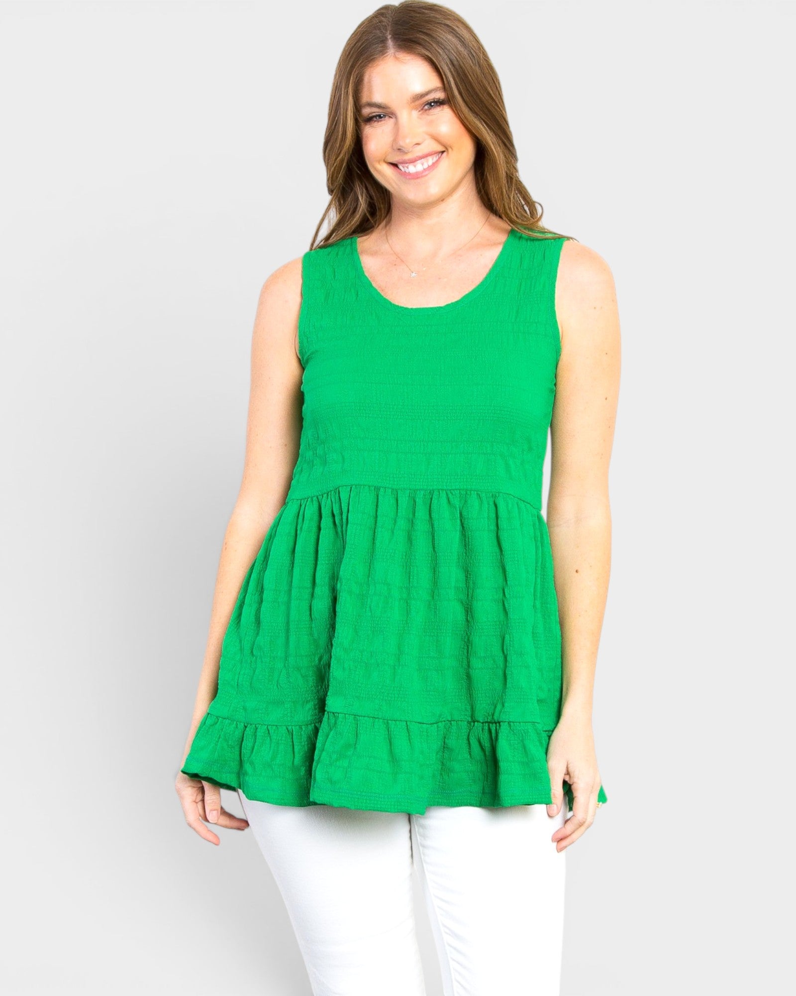 Green Textured Sleeveless Babydoll Top